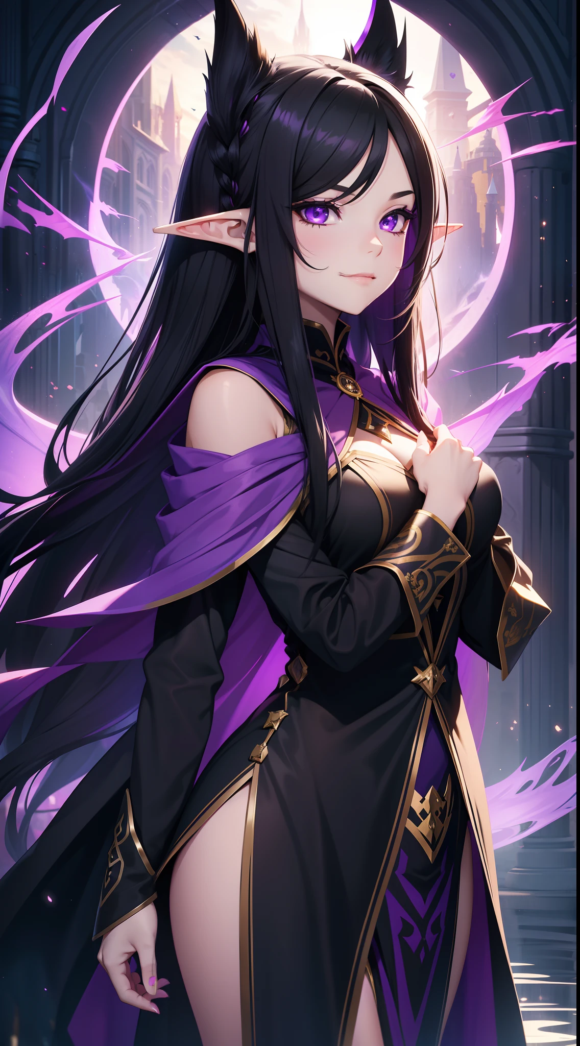 (masutepiece, Best Quality), (hight resolution, Ultra-detailed), (absurderes, Perfect Anatomy), Outdoors, castle, 1girl in, Solo, UH,Night Elf Girl, black sclera, Dark skin, Gray skin, Cowboy Shot, Detailed eyes glowing purple, Lustrous detailed purple hair, Long hair, Standing Picture, A sexy、Smiling a little、Glare、pressure、gotik,bewitching