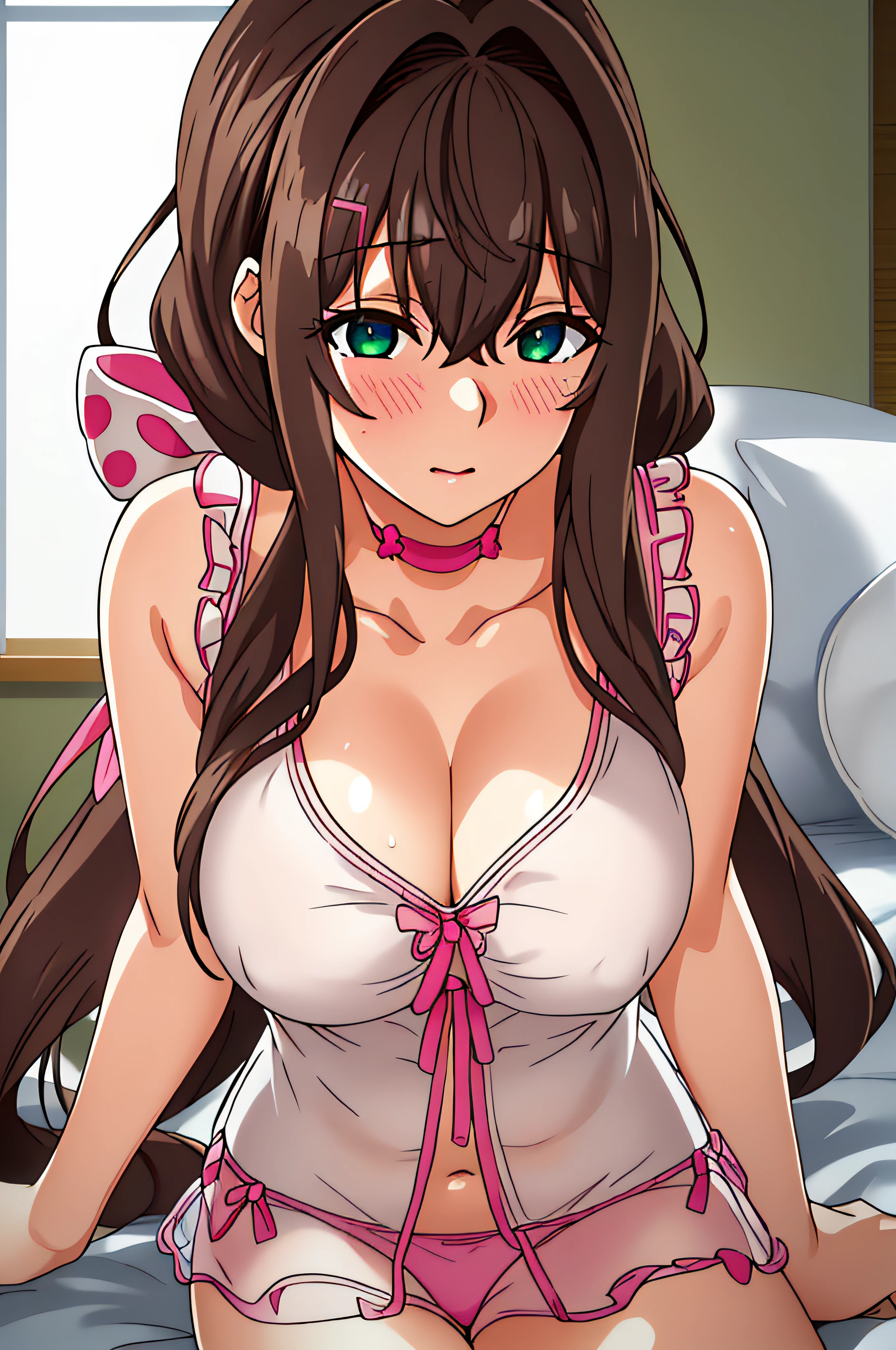 indoors, Bedroom, Sitting on the couch, bare shoulders, pink ribbon,pink underwear,cleavage,collarbone,pink bra,frills,see-through, bangs, Brown Hair, Green Eyes, Braid,long hair, low ponytail, a bow tie,hair ornament, hairclip, 1 girl, 20yo,Young female,Beautiful Finger,Beautiful long legs,Beautiful body,Beautiful Nose,Beautiful character design, perfect eyes, perfect face,expressive eyes, looking at viewer, in the center of the image,(Upper_body),(Focus on her face), official art,extremely detailed CG unity 8k wallpaper, perfect lighting,Colorful, Bright_Front_face_Lighting,shiny skin, (masterpiece:1.0),(best_quality:1.0), ultra high res,4K,ultra-detailed, photography, 8K, HDR, highres, absurdres:1.2, Kodak portra 400, film grain, blurry background, bokeh:1.2, lens flare, (vibrant_color:1.2) (Beautiful,Breasts), (beautiful_face:1.5),(narrow_waist),indoors, Bedroom, Sitting on the couch, bare shoulders, pink ribbon,pink underwear,cleavage,collarbone,pink bra,frills,see-through, bangs, Brown Hair, Green Eyes, Braid,long hair, low ponytail, a bow tie,hair ornament, hairclip, 1 girl, 20yo,Young female,Beautiful Finger,Beautiful long legs,Beautiful body,Beautiful Nose,Beautiful character design, perfect eyes, perfect face,expressive eyes, looking at viewer, in the center of the image,(Upper_body),(Focus on her face), official art,extremely detailed CG unity 8k wallpaper, perfect lighting,Colorful, Bright_Front_face_Lighting,shiny skin, (masterpiece:1.0),(best_quality:1.0), ultra high res,4K,ultra-detailed, photography, 8K, HDR, highres, absurdres:1.2, Kodak portra 400, film grain, blurry background, bokeh:1.2, lens flare, (vibrant_color:1.2) (Beautiful,Breasts), (beautiful_face:1.5),(narrow_waist),