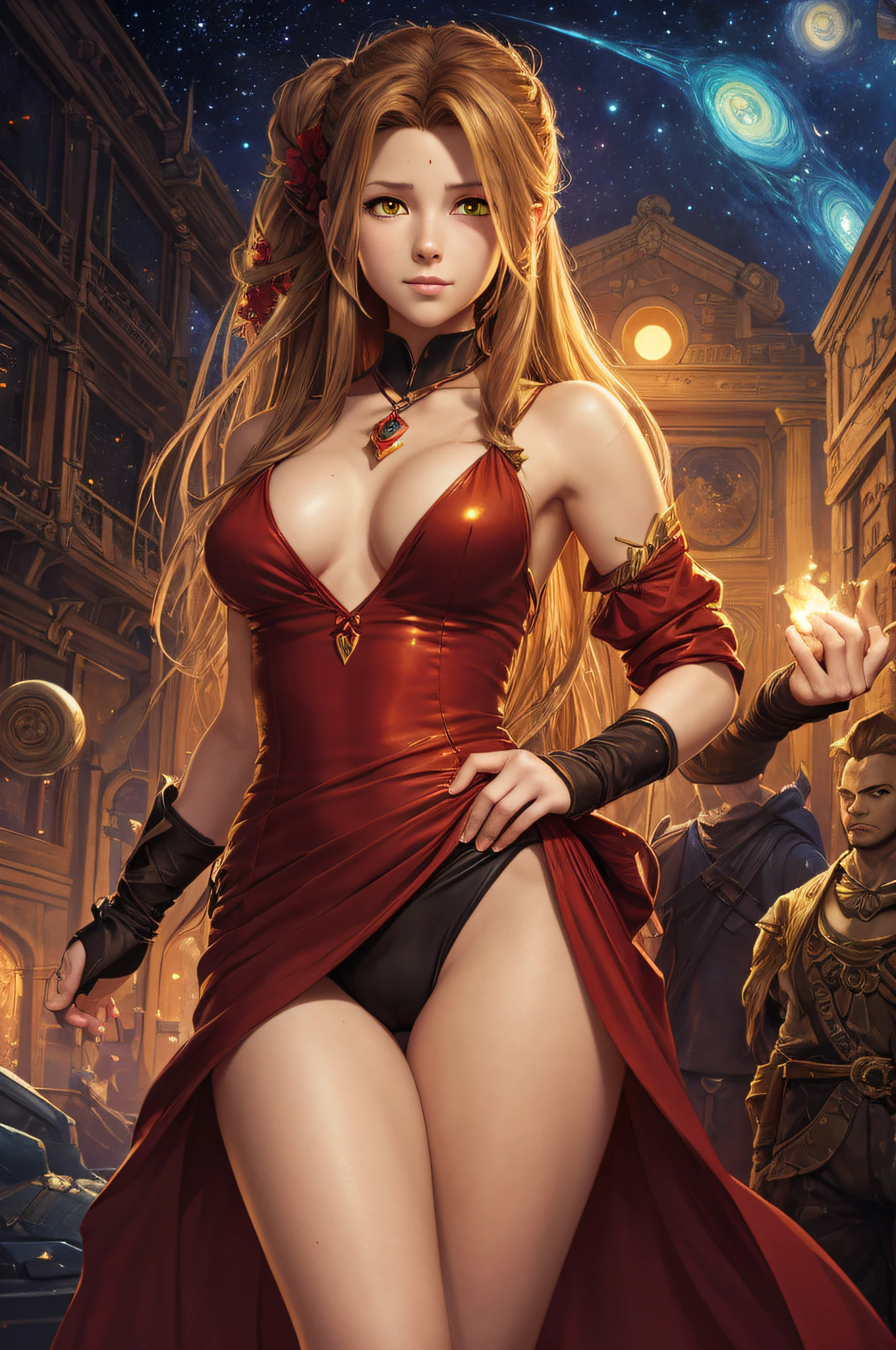 aerith Full body cell shaded portrait of Aerith Gainsborough final fantasy, nudist concept art, llustration, post grunge, concept art by josan gonzales and wlop, by Van Gogh, james jean, Victo ngai, David Rubin, Mike Mignola, Laurie Greasley, highly detailed, sharp focus, red minidress, Trending on Artstation, HQ, deviantart, art by artgem, vae eyes perfecteyes ((glowing eyes))