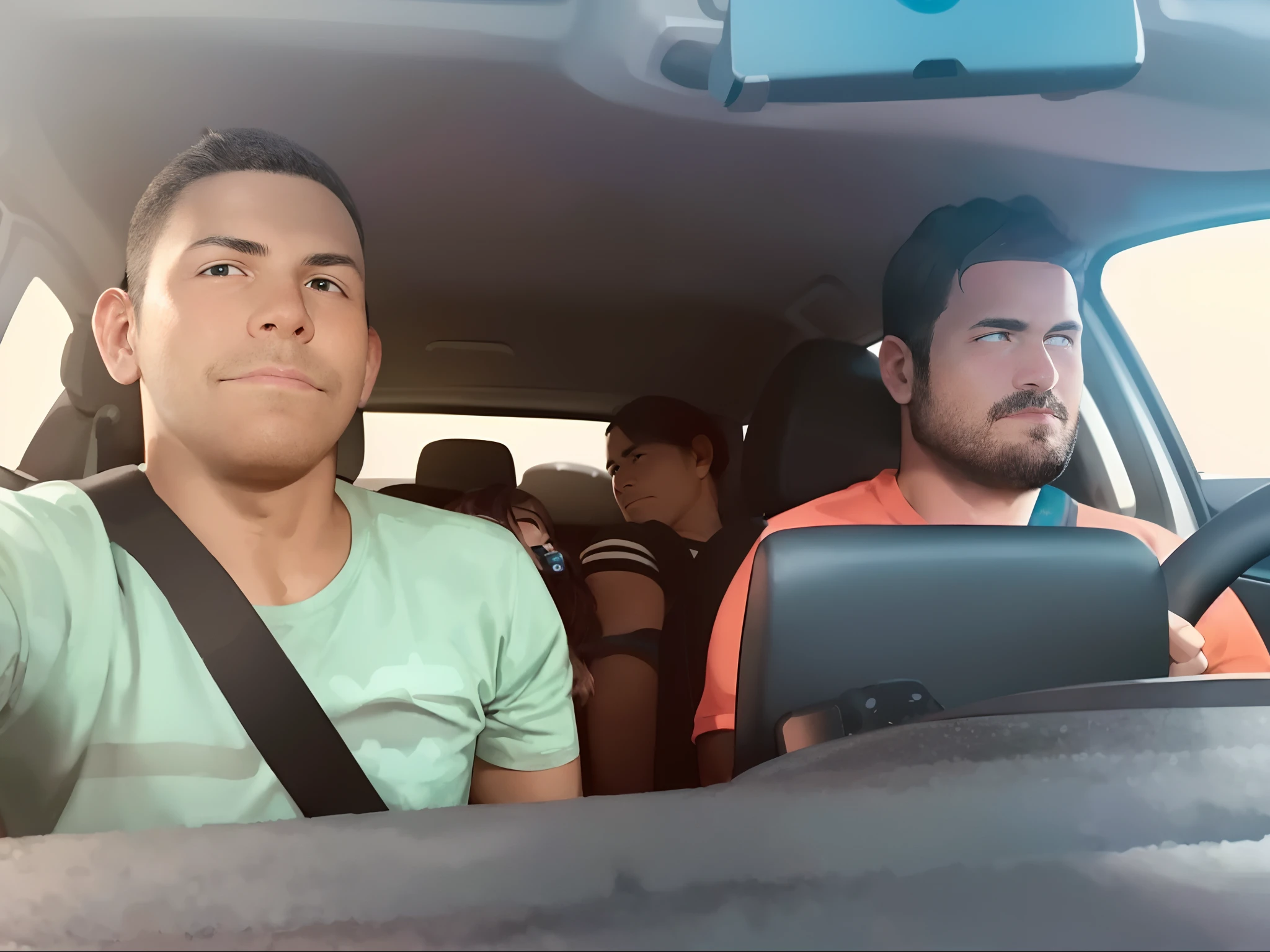 There are two men sitting in the back seat of a car, they are very serious, instagram story, Viagem, Directed by: Nandor Soldier, back to us, driving, no Taco Bell Drive Through, Paulo Pepera Pablo Roldan, taxis, foto do snapchat, olhando desta forma, olhando para frente, Andar na estrada, dois rapazes