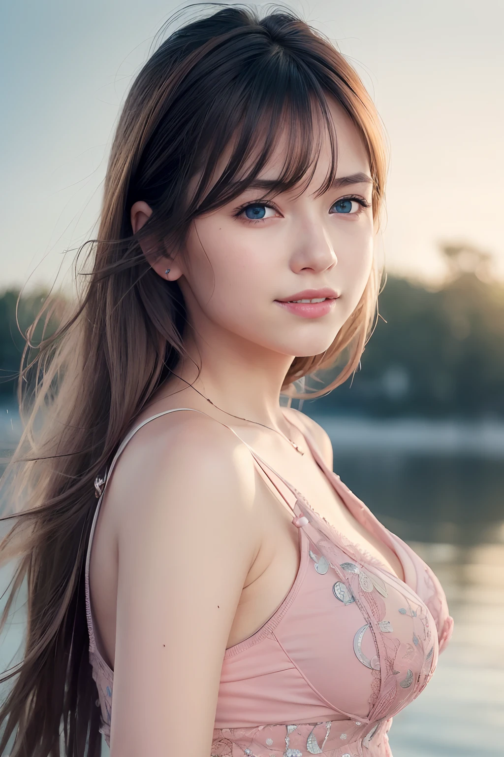 (8k, Best Quality, Masterpiece:1.2), (Realistic, Photorealistic:1.37), Ultra Detail, 1 Girl,Cute,Solo,Beautiful Detailed Sky,Date,(Blush),(Smile:1.15),(Closed Mouth)Small Breasts,Beautiful Detailed Eyes,(Long Hair: 1.2),Floating Hair NovaFrogStyle, Upper Body, Tank Top