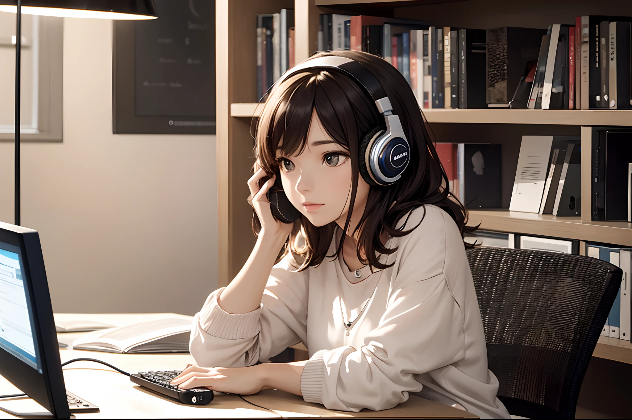 a woman sitting at a table with headphones on her ears and a bookcase in the background with a lamp on, computer graphics,