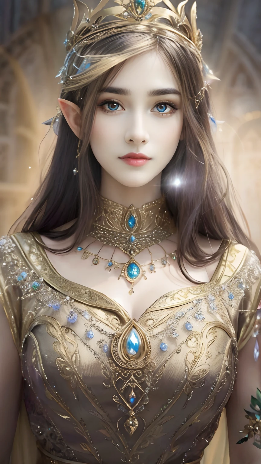 a woman in a gold dress with a tia and a necklace, beautiful elven princess, beautiful and elegant elf queen, ((a beautiful fantasy empress)), a beautiful fantasy empress, very beautiful elven top model, ornate cosplay, elven princess, beautiful fantasy maiden, fantasy woman, beautiful maiden, elven warrior princess, beautiful elf with ornate robes, beautiful fantasy portrait