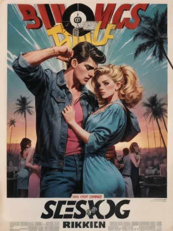 1980s \(style\) retro movie poster, dance party, huge bold text, poster art, disco theme, strong, bold inking techniques, romantic design, This bold inking style adds to the overall dramatic and visually striking aesthetic.