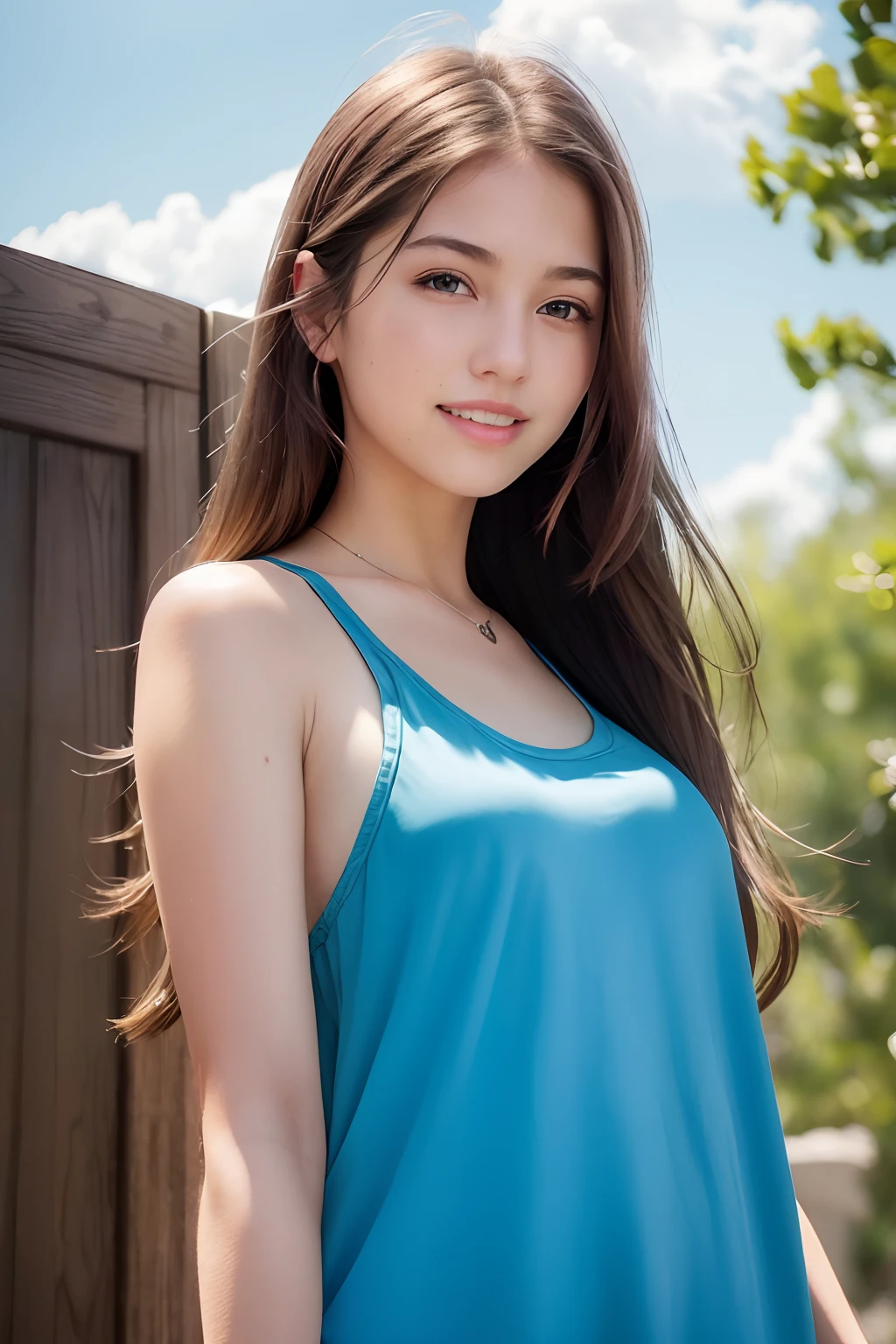 (8k, Best Quality, Masterpiece:1.2), (Realistic, Photorealistic:1.37), Ultra Detail, 1 Girl,Cute,Solo,Beautiful Detailed Sky,Date,(Blush),(Smile:1.15),(Closed Mouth)Small Breasts,Beautiful Detailed Eyes,(Long Hair: 1.2),Floating Hair NovaFrogStyle, Upper Body, Tank Top