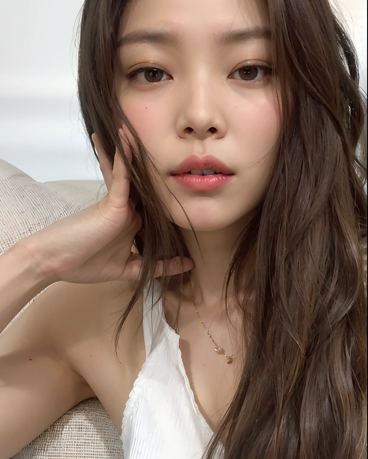 A closeup of a woman with long hair sitting on a couch, Yoshitomo Nara, Shikami, Chiho, gemma chen, Lalisa Manobal, Gongbi, Sobre Ishida, she's facing the camera, Jaeyeon Nam, Causas Yasumoto, Heonhwa Choe, Sakimichan