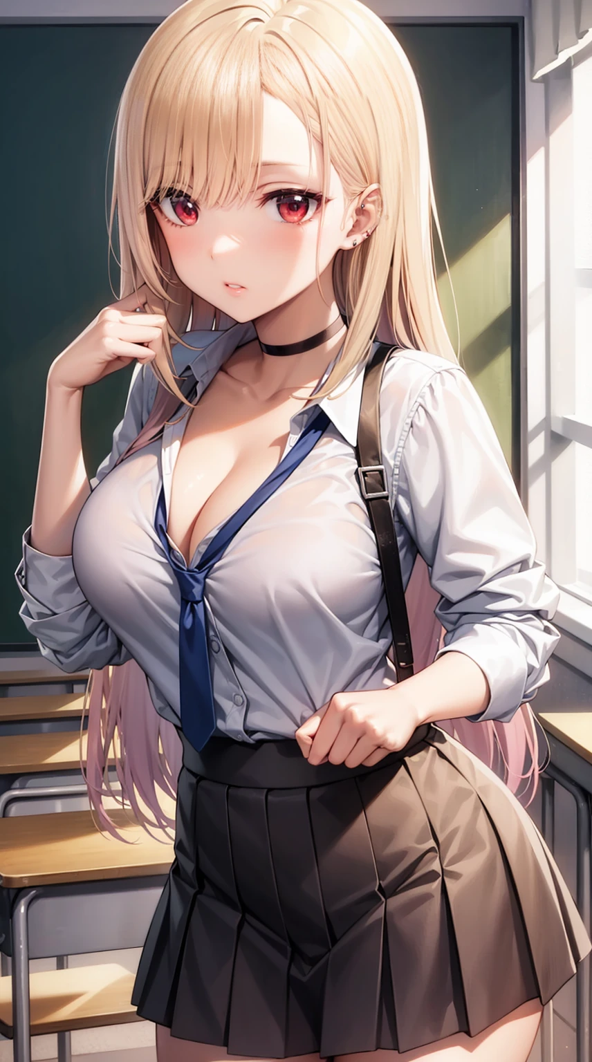 marinkitagawa, marin kitagawa popochichi, blonde hair, choker, ear piercing, earrings, long hair, piercing, (red eyes:1.5), straight hair, swept bangs, gradient hair, BREAK black necktie, long sleeves, pleated skirt, school uniform, shirt, skirt, sleeves rolled up, white shirt, cleavage, BREAK indoors, classroom, BREAK looking at viewer, (cowboy shot:1.5), BREAK (masterpiece:1.2), best quality, high resolution, unity 8k wallpaper, (illustration:0.8), (beautiful detailed eyes:1.6), extremely detailed face, perfect lighting, extremely detailed CG, (perfect hands, perfect anatomy),