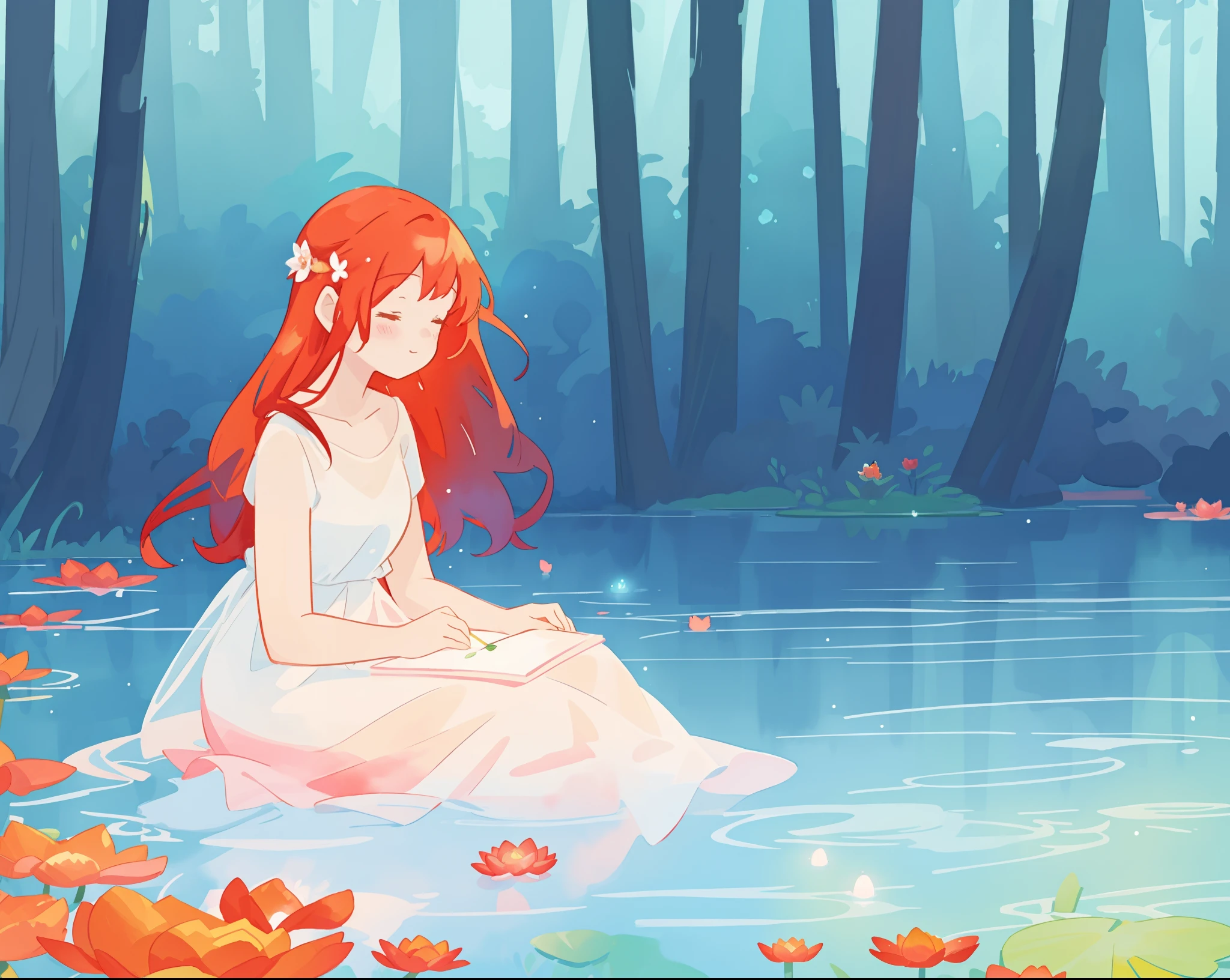 beautiful girl in white sitting in the water, long red hair, magical forest background, red water lilies in the water, beautiful lake of water, watercolor illustration, disney art style, glowing aura around her, glowing lights, beautiful digital illustration, fantasia otherworldly landscape plants flowers, beautiful, masterpiece, best quality, anime disney style