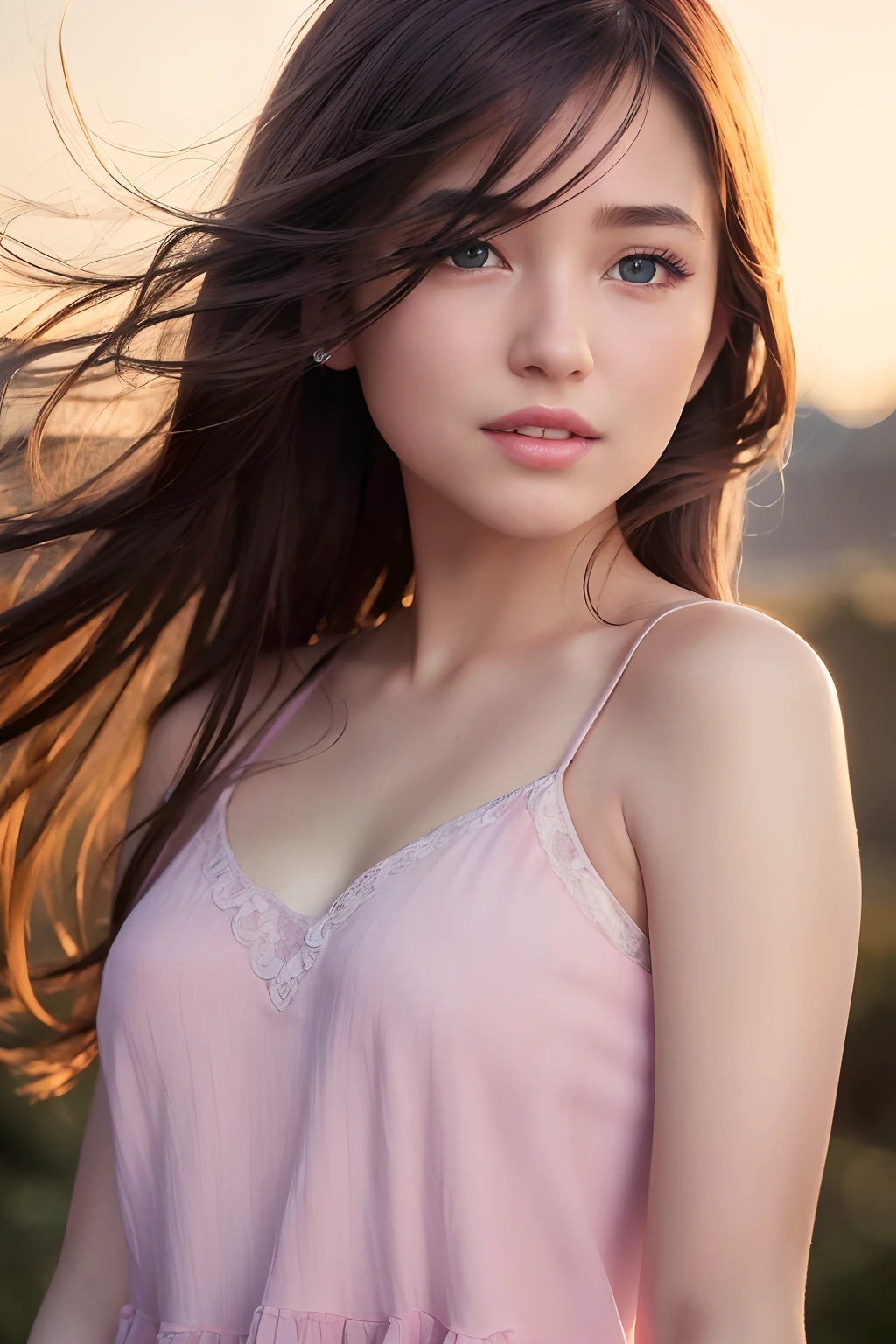 (8k, Best Quality, Masterpiece:1.2), (Realistic, Photorealistic:1.37), Ultra Detail, 1 Girl,Cute,Solo,Beautiful Detailed Sky,Date,(Blush),(Smile:1.15),(Closed Mouth)Small Breasts,Beautiful Detailed Eyes,(Long Hair: 1.2),Floating Hair NovaFrogStyle, Upper Body, Tank Top