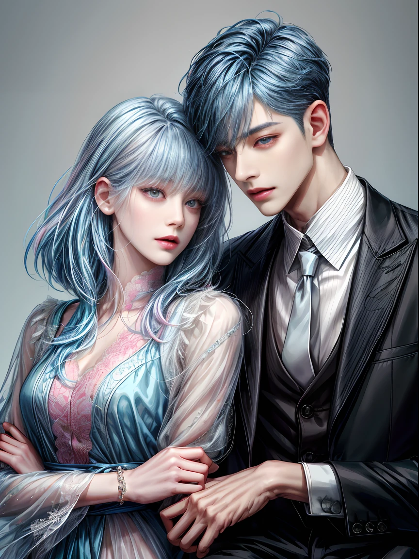 ((Male and female couples)), Idol Photos, Magazine covers, Photos of actors, Professional Photos, Height difference, tall male, Happiness, youthfulness, extra detailed face, detailed punk hair, very detailed character, inspired by Sim Sa-jeong, Cai Xukun's, detailed realistic faces, highly detailed realistic face, high detailed face anime, realistic detailed face, Accurate detailed face, attractive androgynous humanoid, Cool Korean fashion in black and white, ((Man with light blue hair)), ((Woman with pink hair)), ((Woman with long hair below waist)), ((Man with short hair over ears)), ((Pink hair woman with gentle expression)), ((Man with light blue hair with wild expression)), high-level image quality, masterpiece, Photographed so that the whole body can be seen, Photographed to make clothes look beautiful, Take your eyes off, ((two individuals)), ((British couple))
