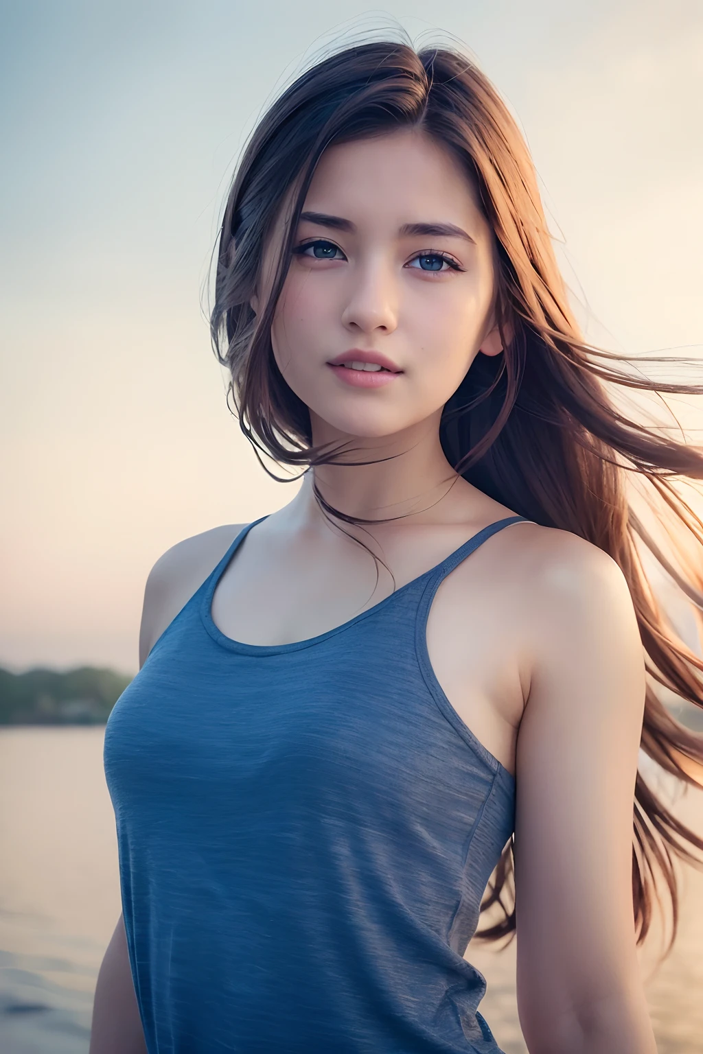(8k, Best Quality, Masterpiece:1.2), (Realistic, Photorealistic:1.37), Ultra Detail, 1 Girl,Cute,Solo,Beautiful Detailed Sky,Date,(Blush),(Smile:1.15),(Closed Mouth)Small Breasts,Beautiful Detailed Eyes,(Long Hair: 1.2),Floating Hair NovaFrogStyle, Upper Body, Tank Top