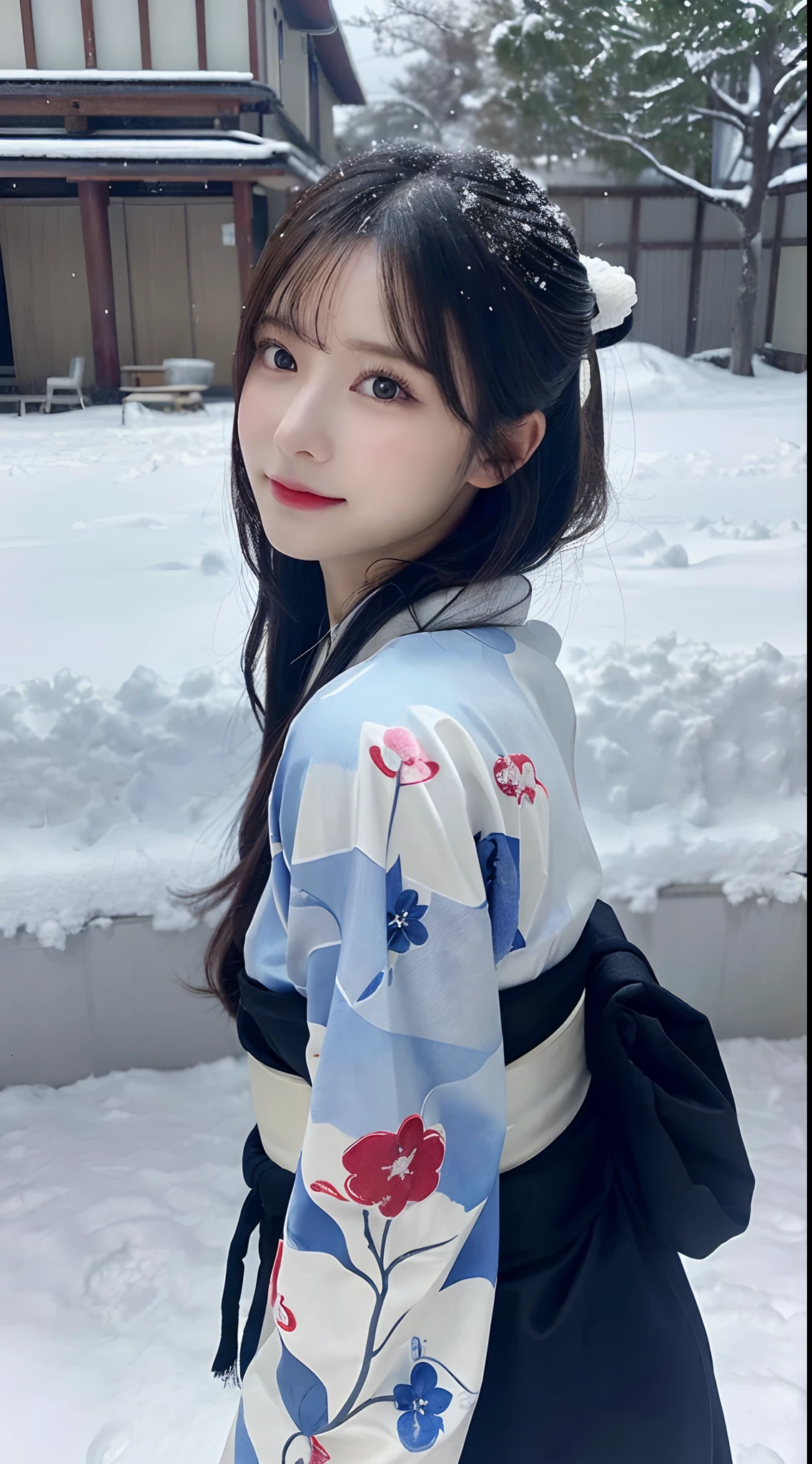 (Kimono)、、(top-quality,​masterpiece:1.3,超A high resolution,),(ultra-detailliert,Caustics),(Photorealsitic:1.4,RAW shooting,)Ultra-realistic capture,A highly detailed,high-definition16Kfor human skin、 Skin texture is natural、、The skin looks healthy with an even tone、 Use natural light and color,One Woman,japanes,,kawaii,A dark-haired,Middle hair,(depth of fields、chromatic abberation、、Wide range of lighting、Natural Shading、)、、(Falling snow:1.2)、(Hair swaying in the wind:1.2)、(Snow reflects light:1.2)、Back lighting