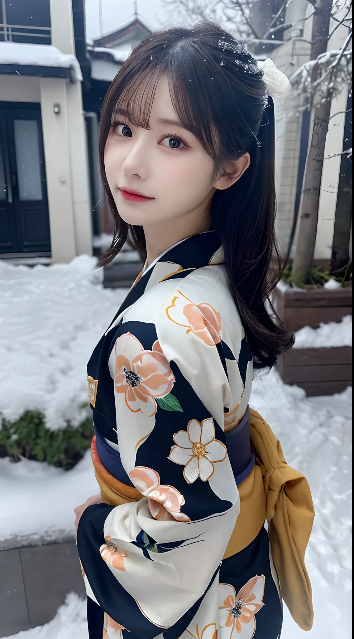 (Kimono)、、(top-quality,​masterpiece:1.3,超A high resolution,),(ultra-detailliert,Caustics),(Photorealsitic:1.4,RAW shooting,)Ultra-realistic capture,A highly detailed,high-definition16Kfor human skin、 Skin texture is natural、、The skin looks healthy with an even tone、 Use natural light and color,One Woman,japanes,,kawaii,A dark-haired,Middle hair,(depth of fields、chromatic abberation、、Wide range of lighting、Natural Shading、)、、(Falling snow:1.2)、(Hair swaying in the wind:1.2)、(Snow reflects light:1.2)、Back lighting