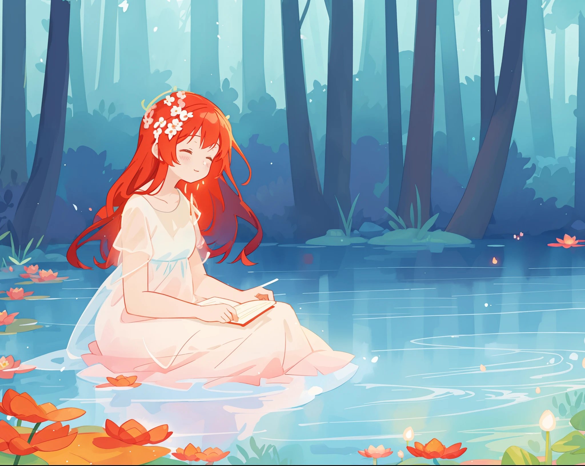 beautiful girl in white sitting in the water, long red hair, magical forest background, red water lilies in the water, beautiful lake of water, watercolor illustration, disney art style, glowing aura around her, glowing lights, beautiful digital illustration, fantasia otherworldly landscape plants flowers, beautiful, masterpiece, best quality, anime disney style