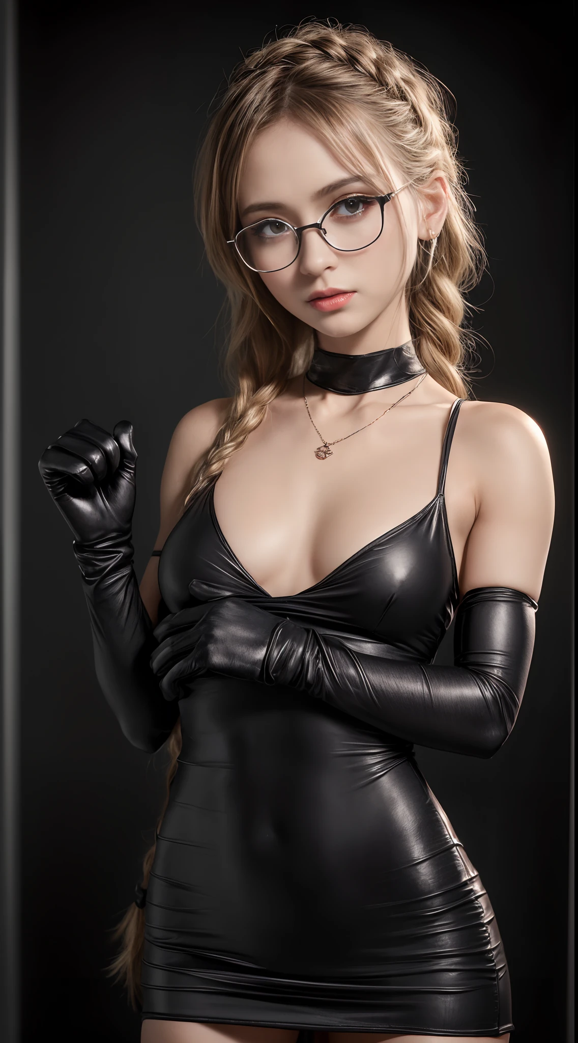 (8K, Masterpiece, RAW photo, Best quality, detail:1.3), (ultra realistic:1.4, scenary, 8K), Depth of field, Cinematic light, Lens flare, Ray tracing, (ultra realistic face), 1girl, (Beautiful and elegant Russian girl), (tight mini dress:1.4), (skinny girl with glasses), (European face:1.3), (tight black mini top:1.4), (natural abs exposed), (full body:1.4), (tight small gloves:1.3), (small necklace, collarbone:1.2), (braided hair)