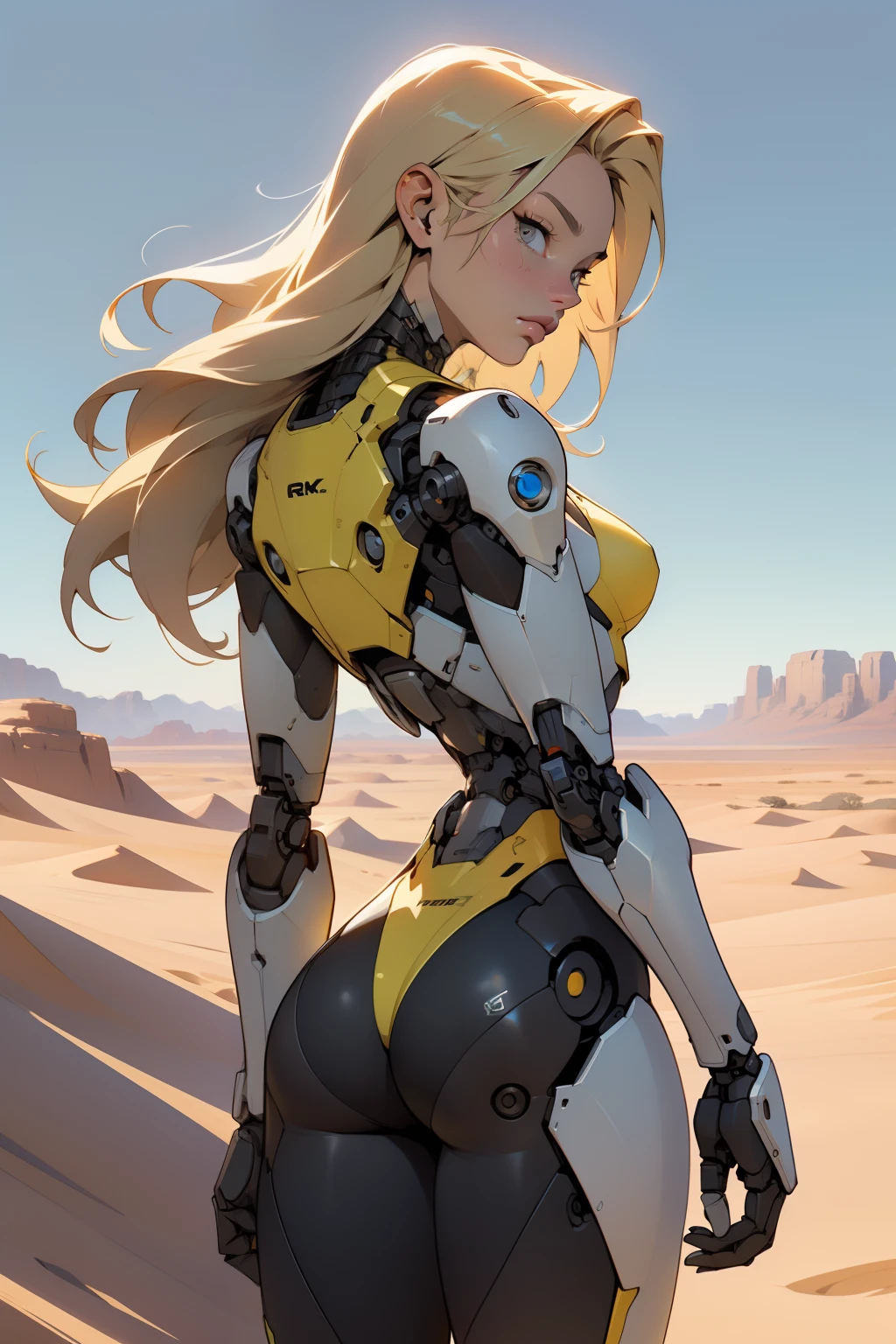 high quality, 4k, masterpiece, beautiful, cyborg girl, cowboy shot, dull eyes, back side, turning around to look at viewer, long blonde hair, girl, small breasts, fit thigh, robotic arms, robotic body, cyborg body, yellow accent, redaccent, intricate detail, joint, detailed lines, robotic detail, holding fist up, holding hand up as fist, color robotic parts, robotic parts with color, perfect fingers, on a desert planet, sunny background, colorful desert,