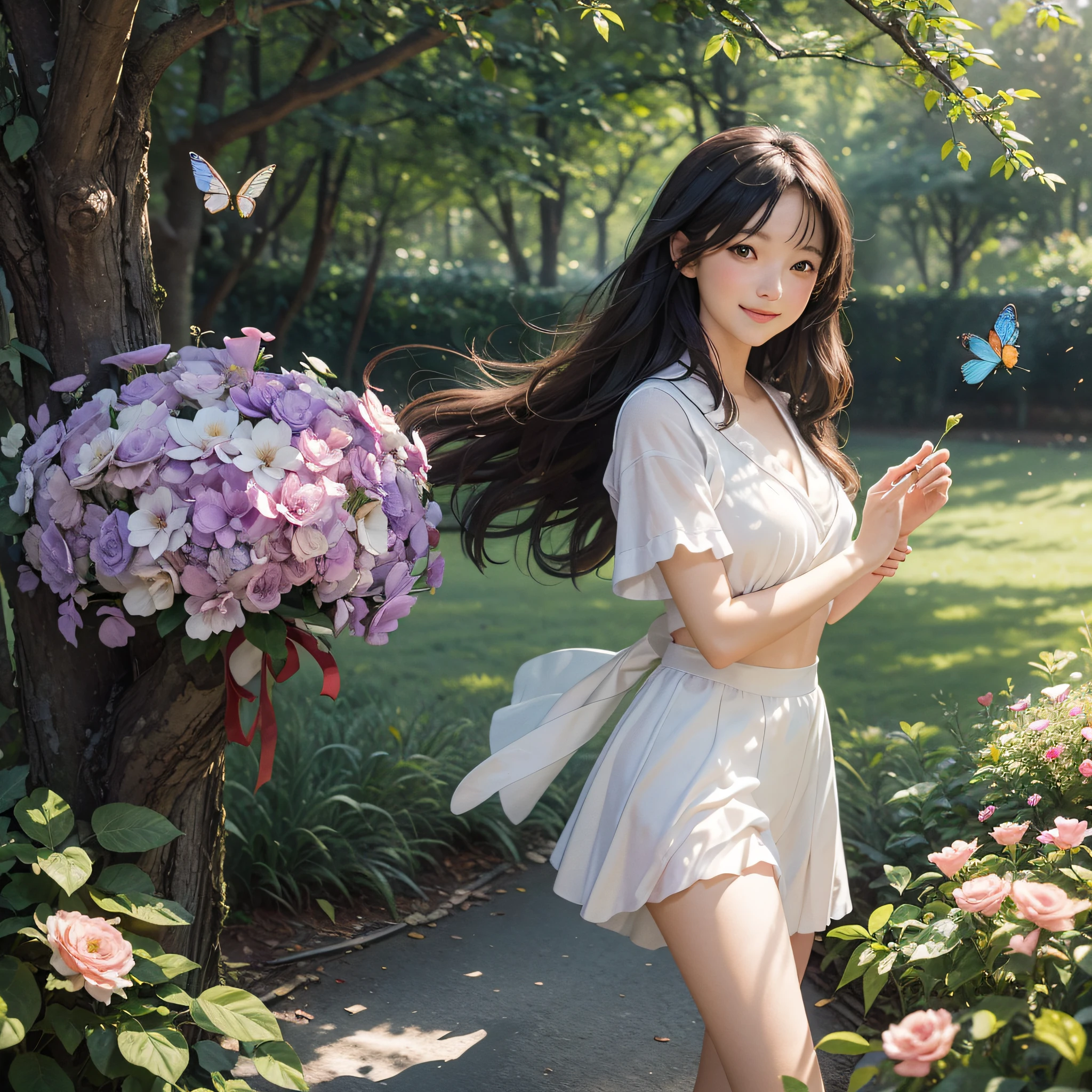 beautiful girl,wearing a underwear sports,holding a bouquet of flowers,standing in a blooming garden,with butterflies flying around her,soft sunlight shining on her face,long wavy hair flowing in the wind,smiling brightly and looking towards the distance,sparkling eyes reflecting happiness and innocence,rosy cheeks adding a touch of youthfulness,meticulous details on her face and clothing, vivid colors enhancing the visual impact,shadows from the tree branches creating a dappled effect on the ground,creating a dreamy and enchanting atmosphere,medium:watercolor painting,ultra-fine brushstrokes capturing delicate features,highres:1.2,realistic lighting and textures,brilliant colors with a warm color tone.