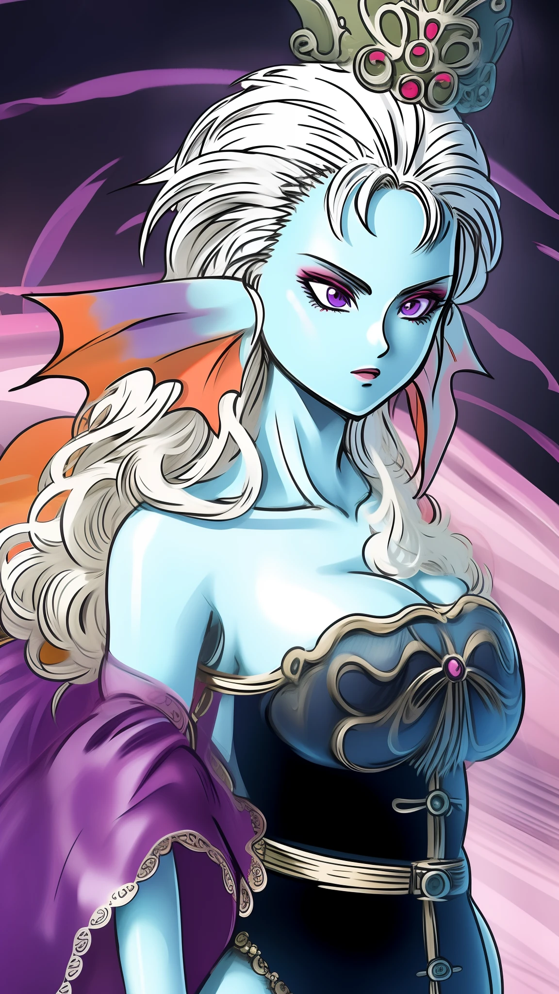 8K,high quality,anime,married woman,beautiful,beautiful,bright,eye highlights,purple eyes,sexy,super big tits,oversized boobs,dark blue nipples,erotic,beautiful line drawing. Blue skin, blue and orange gradient fins, nude, nothing on, nothing on, nothing on, nothing on, nude,barechested、fullnude、
