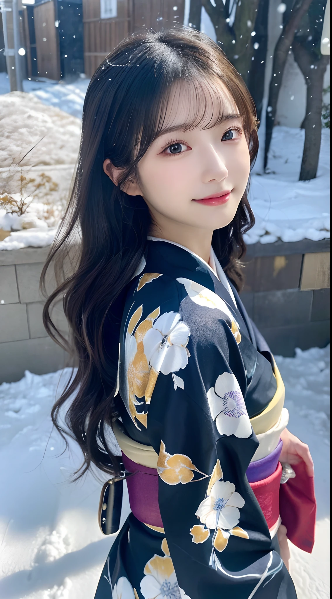 (Kimono)、、(top-quality,masterpiece:1.3,超A high resolution,),(ultra-detailliert,Caustics),(Photorealsitic:1.4,RAW shooting,)Ultra-realistic capture,A highly detailed,high-definition16Kfor human skin、 Skin texture is natural、、The skin looks healthy with an even tone、 Use natural light and color,One Woman,japanes,,kawaii,A dark-haired,Middle hair,(depth of fields、chromatic abberation、、Wide range of lighting、Natural Shading、)、、(Falling snow:1.2)、(Hair swaying in the wind:1.2)、(Snow reflects light:1.2)、Back lighting、slightly open mouth、Surprised look、Happy expression、Facing the front