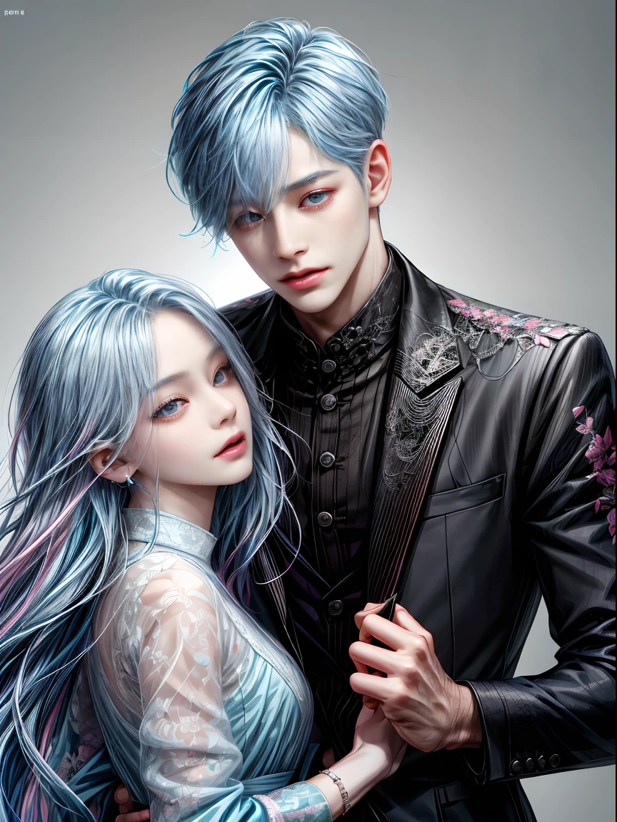 ((Male and female couples)), Idol Photos, Magazine covers, Photos of actors, Professional Photos, Height difference, tall male, Happiness, youthfulness, extra detailed face, detailed punk hair, very detailed character, inspired by Sim Sa-jeong, Cai Xukun's, detailed realistic faces, highly detailed realistic face, high detailed face anime, realistic detailed face, Accurate detailed face, attractive androgynous humanoid, Cool Korean fashion in black and white, ((Man with light blue hair)), ((Woman with pink hair)), ((Woman with long hair below waist)), ((Man with short hair over ears)), ((Pink hair woman with gentle expression)), ((Man with light blue hair with wild expression)), high-level image quality, masterpiece, Photographed so that the whole body can be seen, Photographed to make clothes look beautiful, Take your eyes off, ((two individuals)), ((British couple))