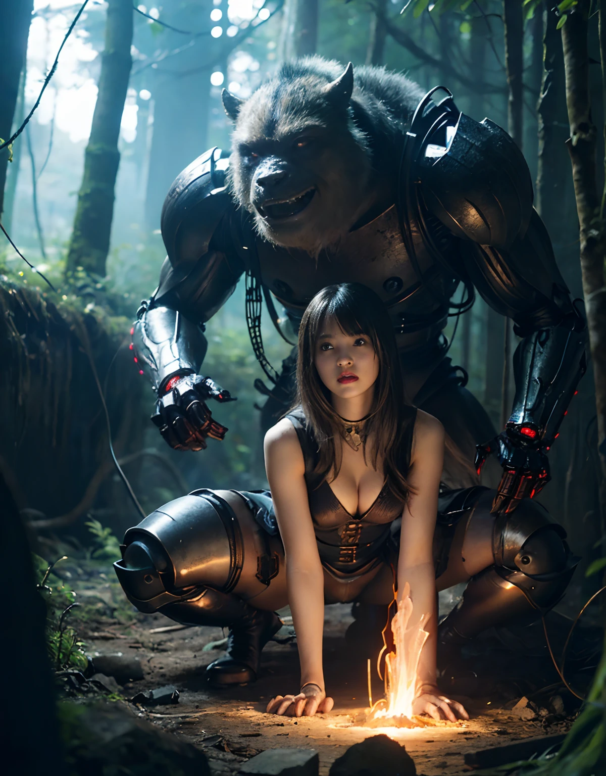 (1 Mechanical Girl)、top-quality、masterpiece、超A high resolution、(Photorealsitic:1.4)、Raw photo、女の子1人、Fight mutants、glowy skin、(((1 Mechanical Girl)))、With a beautiful knife、(Red Metal Bodysuit)、(Fight goblings、ogre、Fierce battle with orcs),(Fight fiercely against aliens)、Fight fiercely、(beautiful forest background)、(Fighting Demonic Beasts)、(Small LED)、((super realistic details))、portlate、(Strong giant demon beast background),globalillumination、Shadow、octan render、8K、ultrasharp、Colossal tits、Raw skin is exposed in cleavage、metals、Details of complex ornaments、Japan details、highly intricate detail、Realistic light、(Mystical expression),CGSoation Trends、Blue eyes、radiant eyes、Facing the camera、neon details、(Mechanical limbs)、(blood vessels connected to tubes)、(Wires and cables connecting to the head)、Small LED、,Mechanical thighs、Toostock、(Hands are also made of machines)、(Attack of the Monster Beasts)、