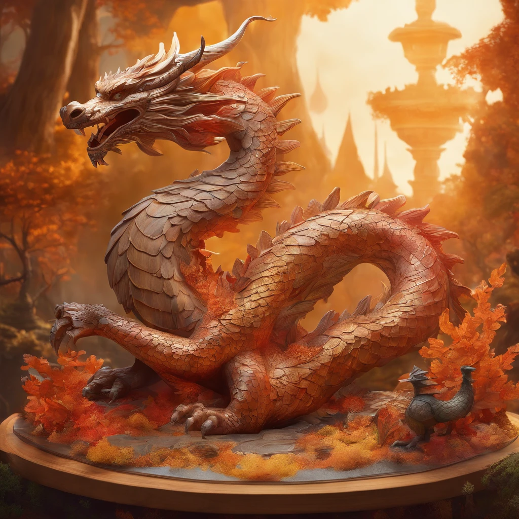 A wooden figure made of wood with intricate details, placed on a chessboard. The chessboard is crafted with precision and attention to detail, adding to the overall aesthetic of the scene. The wooden figure is a dragon, beautifully designed and carved to bring out the natural texture and beauty of the wood. The dragon is painted with varnish colors, giving it a glossy and vibrant appearance. The colors used are carefully chosen to enhance the dragon's features and create a mesmerizing visual effect. The artistic style of the scene is reminiscent of wood sculptures, with a touch of fantasy. The colors used in the artwork are inspired by the warm tones of varnished wood, creating a harmonious and inviting ambiance. The lighting in the scene highlights the intricate details of the wooden figure and enhances the overall composition. The scene is captured with the best quality, ensuring every detail is crisp and well-defined. The image is ultra-detailed and realistic, bringing the wooden dragon to life with stunning clarity. The artwork is a masterpiece, showcasing the skill and creativity of the artist who created it.