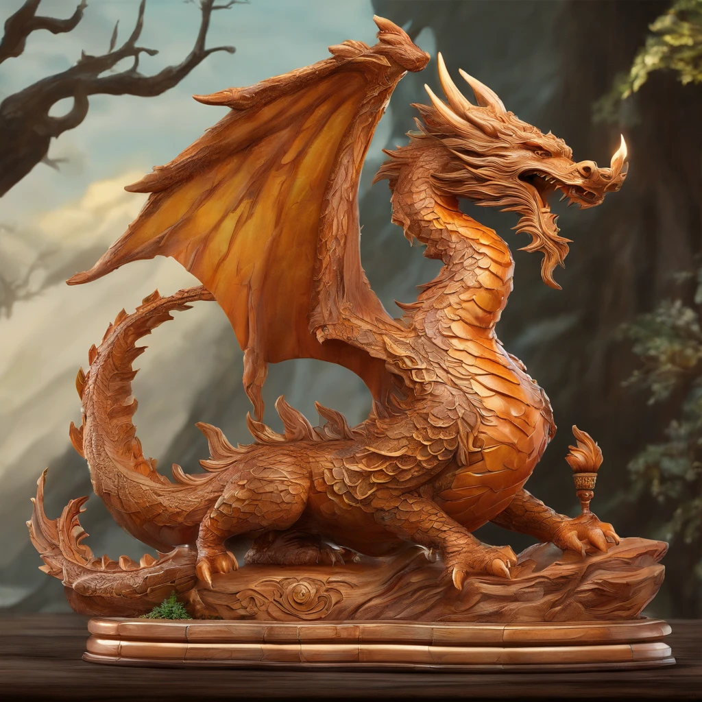 A wooden figure made of wood with intricate details, placed on a chessboard. The chessboard is crafted with precision and attention to detail, adding to the overall aesthetic of the scene. The wooden figure is a dragon, beautifully designed and carved to bring out the natural texture and beauty of the wood. The dragon is painted with varnish colors, giving it a glossy and vibrant appearance. The colors used are carefully chosen to enhance the dragon's features and create a mesmerizing visual effect. The artistic style of the scene is reminiscent of wood sculptures, with a touch of fantasy. The colors used in the artwork are inspired by the warm tones of varnished wood, creating a harmonious and inviting ambiance. The lighting in the scene highlights the intricate details of the wooden figure and enhances the overall composition. The scene is captured with the best quality, ensuring every detail is crisp and well-defined. The image is ultra-detailed and realistic, bringing the wooden dragon to life with stunning clarity. The artwork is a masterpiece, showcasing the skill and creativity of the artist who created it.