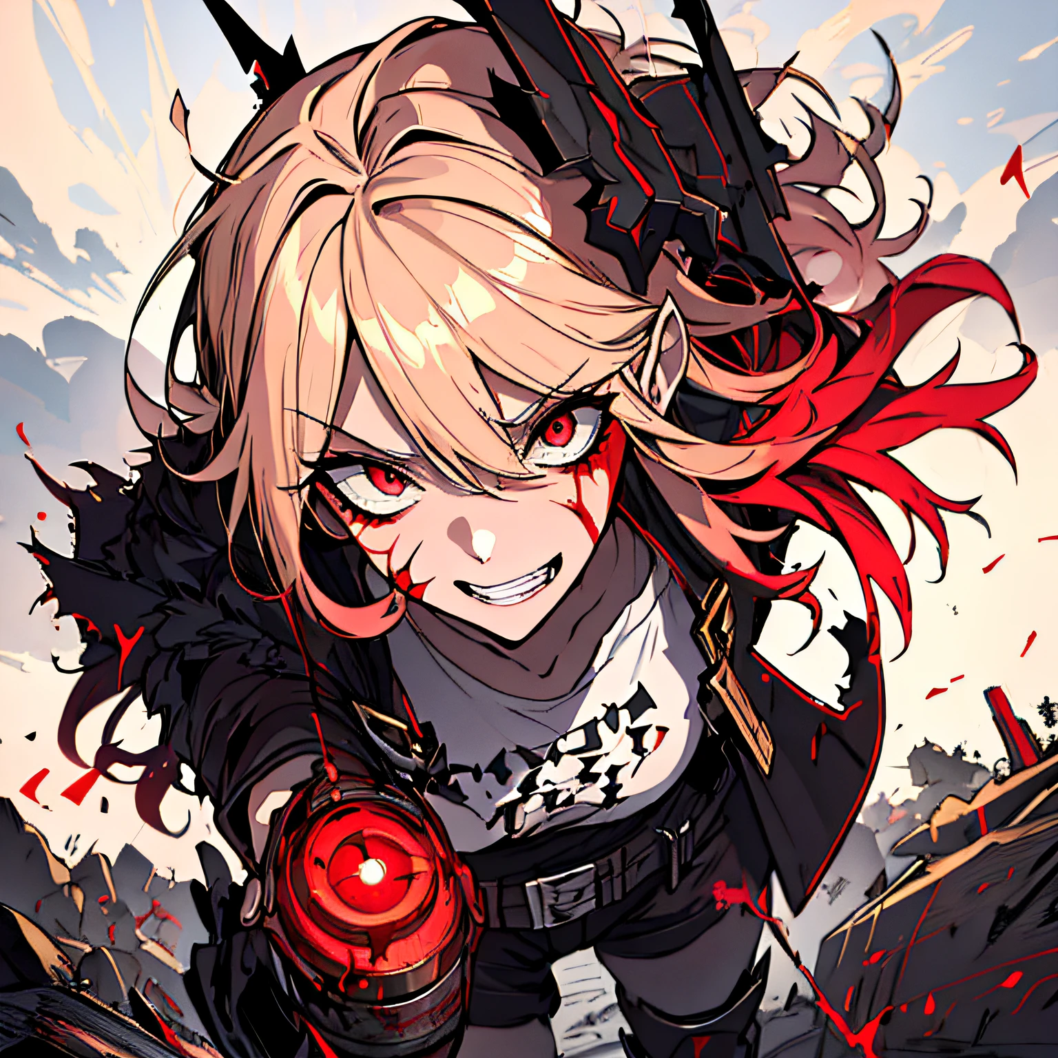 (absurdres, 8k, 4k, masterpiece, hyper extreme detailed:1.2), solo, 1girl, front view, portrait, best quality, expressive eyes, perfect face, 1girl, portrait, solo, standing, Female, toned body, mature female, small breasts, pale, hair covering one eye, long hair, adult, gold eyes, psychotic, laughing, blood, bloody, falling, clouds, crazy eyes, messy hair, swept bangs, perfect anatomy, front view, apocalypse background, t-shirt, shorts, scars, scuffs, injuries, reckless, dangerous, blonde hair, insane, crazy, chaotic, destruction, death, burning church background, emotionless, evil, restless, cold, malicious, menacing, anti hero, dark magic, demonic, bleeding, restless, cloak, armor, torn clothing, tattered clothes, pale skin, blackened armor, sword, smirk, full body, gauntlets, grieves, sinister, survivor,