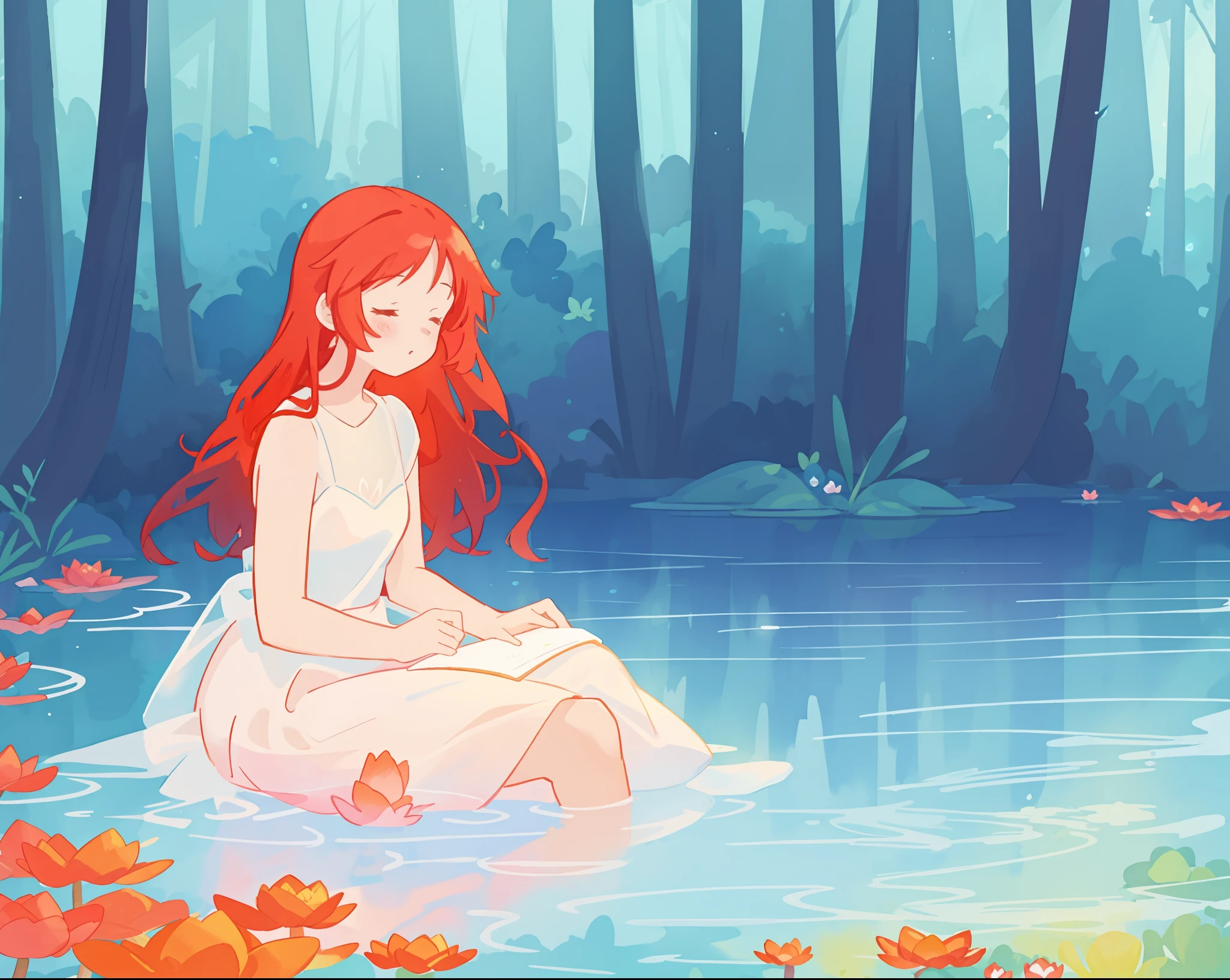 beautiful girl in white sitting in the water, long red hair, magical forest background, red water lilies in the water, beautiful lake of water, watercolor illustration, disney art style, glowing aura around her, glowing lights, beautiful digital illustration, fantasia otherworldly landscape plants flowers, beautiful, masterpiece, best quality, anime disney style