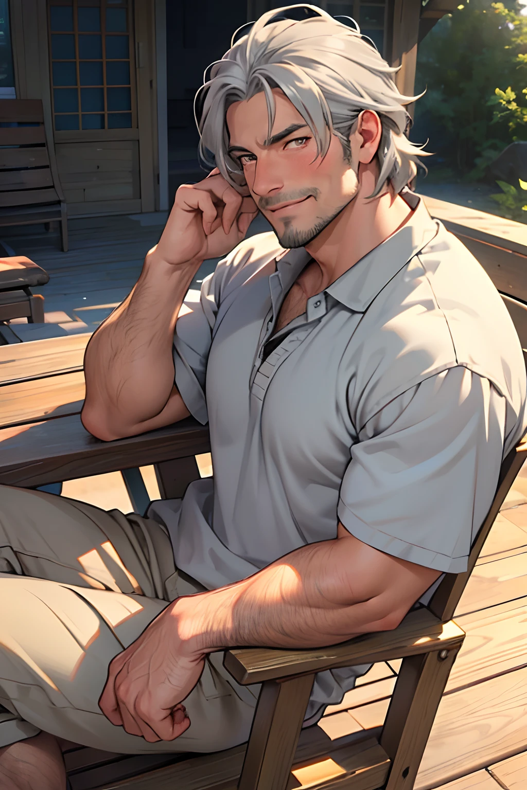 Muscular man, male focus, red eyes, short hair, white hair, pants on, unbuttoned shirt, sipping cup of coffee at cafeteria, bulge in pants, beautiful face, detailed face, white plain shirt, brown pants