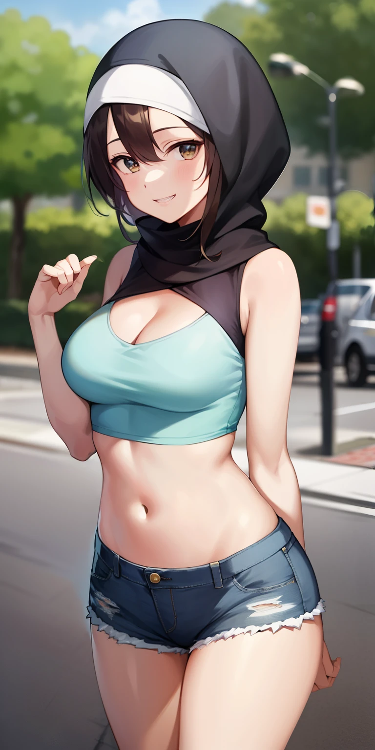 2d, masterpiece, best quality, anime, highly detailed, 1girl, solo, cowboy shot, nakano nino, hijabi, crop top , cleavage, Denim shorts , medium breasts, standing, school, outdoors, smile