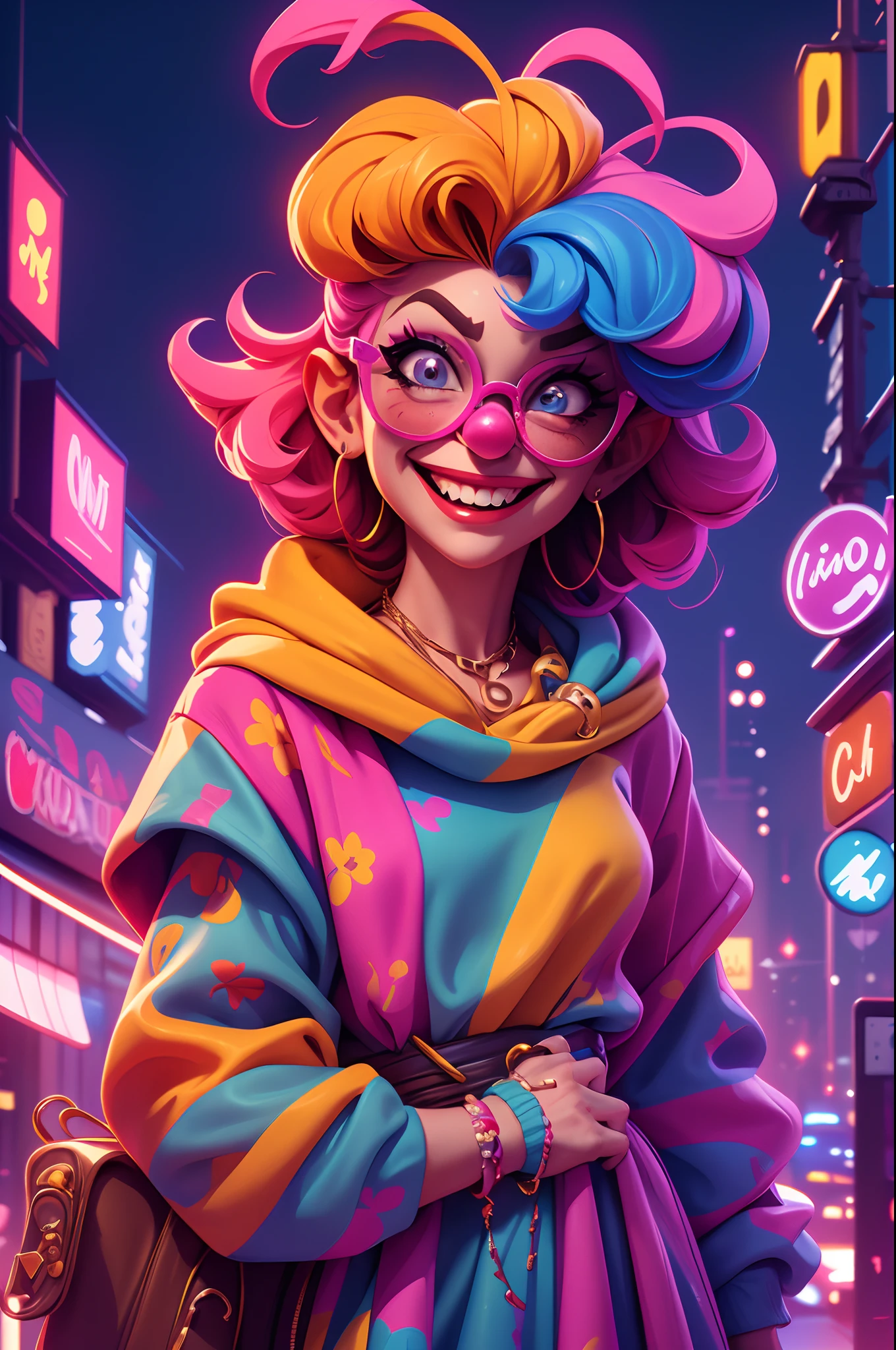 /Omib style clown, Illustrator, Masterpiece, High quality, 8K, A high resolution, High detail, smiley, Transparent sunglasses, Movie overlay, Vivid colors, Cool soft lighting, Chicago by night, wind blown, Greg Lutkoki style