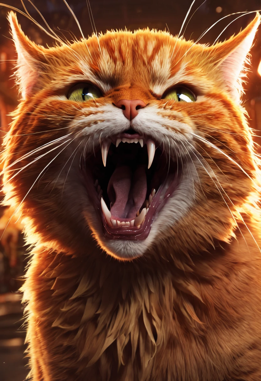 a detailed flerken, from marvel comics, orange cat with tentacles coming out of his mouth, epic scene, (cinematic:1.2), dynamica angle, masterpiece, best quality