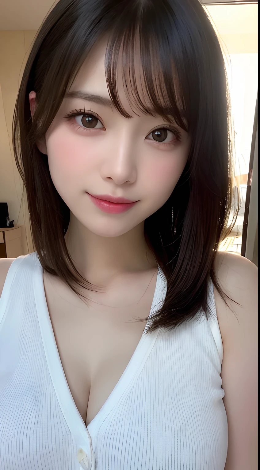 Japanese lady, pale skin, huge breasts, cleavage, droopy eyes, smile 20 year old, bowl cut hair, white Blouse, exasperated:1.8, high quality:1.3, Upper Body, Professional lighting:2.0 realistic:1.2, 4k resolution, detailed skin, masterpiece:1.1, At the office