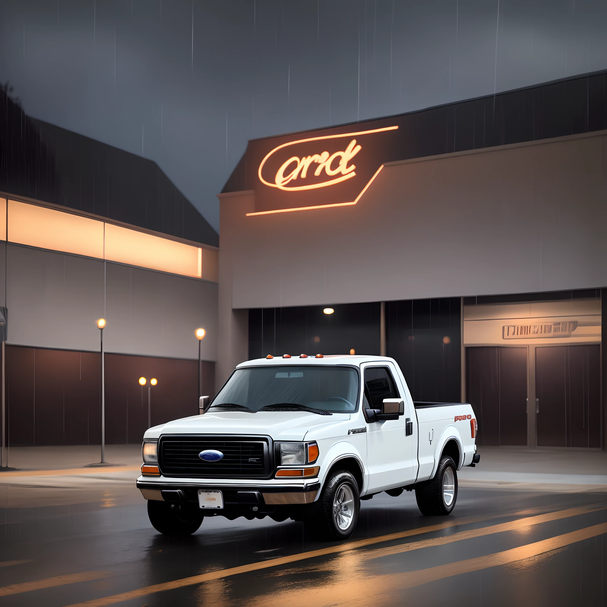 a 1985 Ford F150 flare side glazed black glazed with chrome trims with large wheels on a night in an empty parking lot while it's raining on a full moon