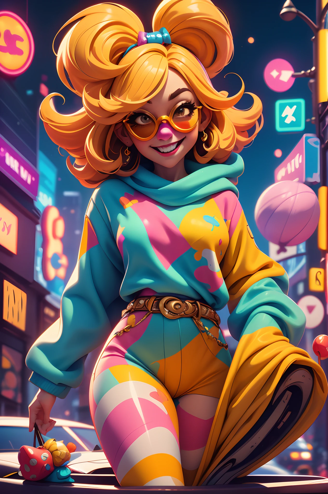 /Omib style clown, Illustrator, Masterpiece, High quality, 8K, A high resolution, High detail, smiley, Transparent sunglasses, Movie overlay, Vivid colors, Cool soft lighting, Chicago by night, wind blown, Greg Lutkoki style