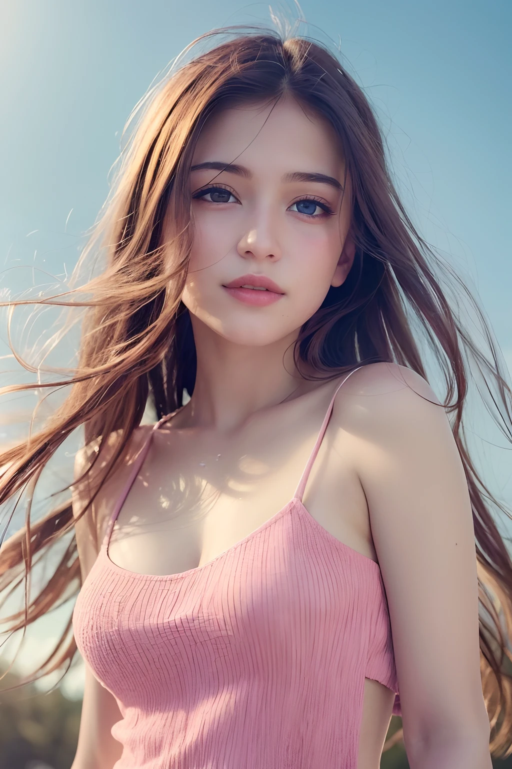 (8k, Best Quality, Masterpiece:1.2), (Realistic, Photorealistic:1.37), Ultra Detail, 1 Girl,Cute,Solo,Beautiful Detailed Sky,Date,(Blush),(Smile:1.15),(Closed Mouth)Small Breasts,Beautiful Detailed Eyes,(Long Hair: 1.2),Floating Hair NovaFrogStyle, Upper Body, Tank Top