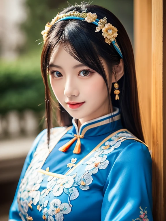 a close up of a woman in a blue dress posing for a picture, wearing a blue qipao dress, Cheongsam, in a blue qipao, Chinese dress, traditional chinese, Chinese style, traditional Chinese clothing, closeup - view, chinese costume, Chinese girl, Chinese Woman, gorgeous woman, close up half body shot, with acient chinese clothes
