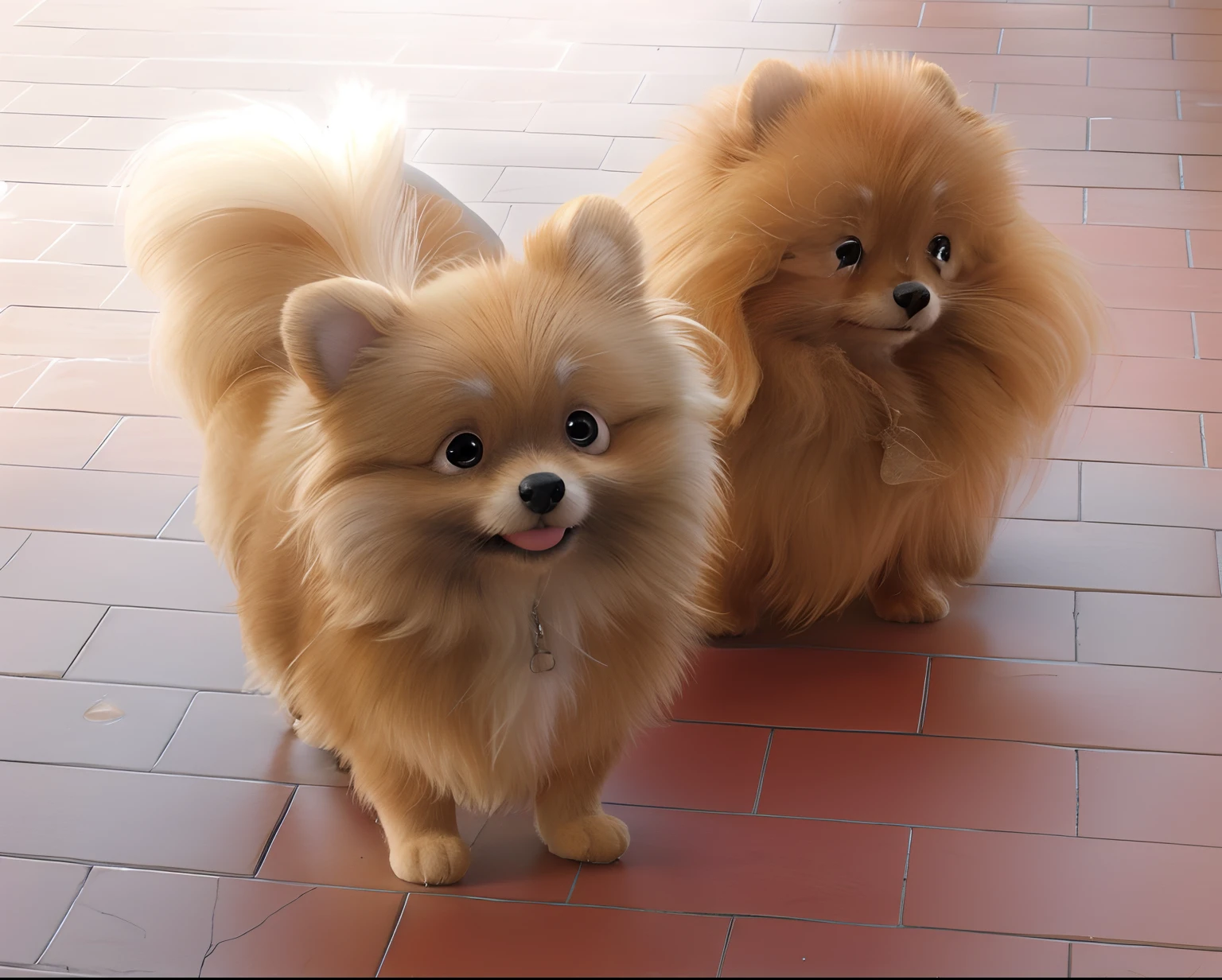 Two small dogs standing next to each other, Pomeranian, Filhotes vermelhos,