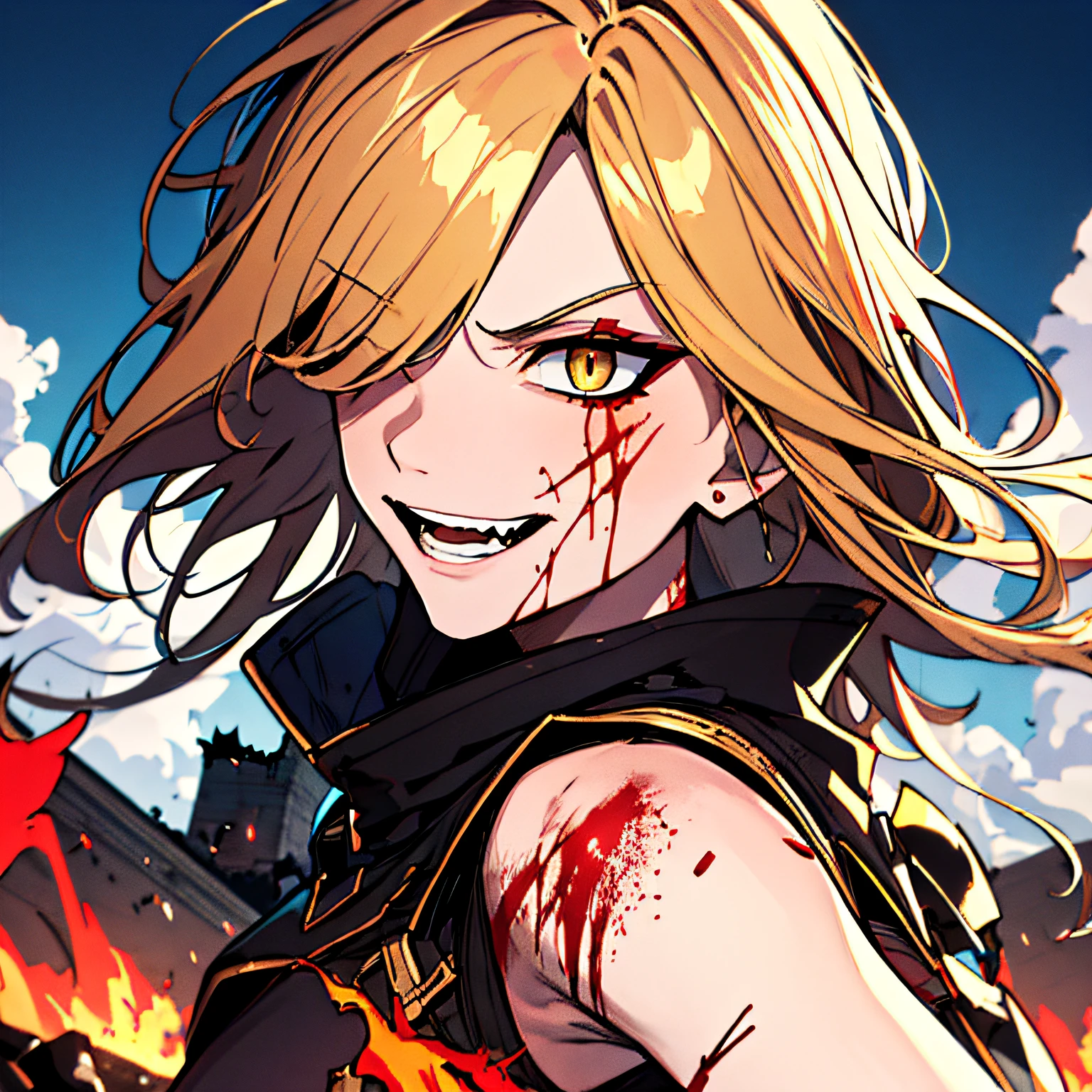 (absurdres, 8k, 4k, masterpiece, hyper extreme detailed:1.2), solo, 1girl, front view, portrait, best quality, expressive eyes, perfect face, 1girl, portrait, solo, standing, Female, toned body, mature female, small breasts, pale, hair covering one eye, long hair, adult, gold eyes, psychotic, laughing, blood, bloody, falling, clouds, crazy eyes, messy hair, swept bangs, perfect anatomy, front view, apocalypse background, t-shirt, shorts, scars, scuffs, injuries, reckless, dangerous, blonde hair, insane, crazy, chaotic, destruction, death, burning church background, emotionless, evil, restless, cold, malicious, menacing, anti hero, dark magic, demonic, bleeding, restless, cloak, armor, torn clothing, tattered clothes, pale skin, blackened armor, sword, smirk,
