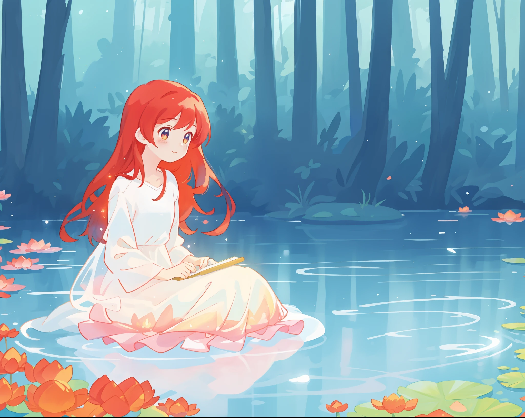 beautiful girl in white sitting in the water, long red hair, magical forest background, red water lilies in the water, beautiful lake of water, watercolor illustration, disney art style, glowing aura around her, glowing lights, beautiful digital illustration, fantasia otherworldly landscape plants flowers, beautiful, masterpiece, best quality, anime disney style