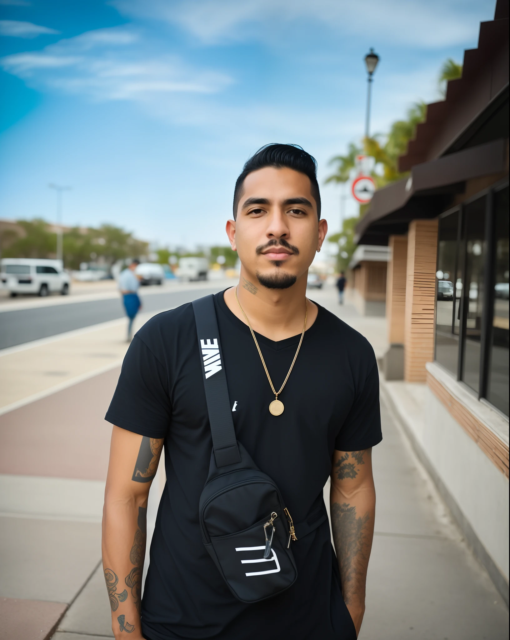There's a man standing on the sidewalk with a small bag on his shoulder, Retrato de Danny Gonzalez, Joel Torres, Arte em primeiro plano : Eloy Morales, Tony Sandoval, foto de um homem, Retrato tirado 8 K, Nick Silva, Tony Sandoval. 8 k realista, Alex Miranda, José Moncada, taken in the early 2020s, andres rios