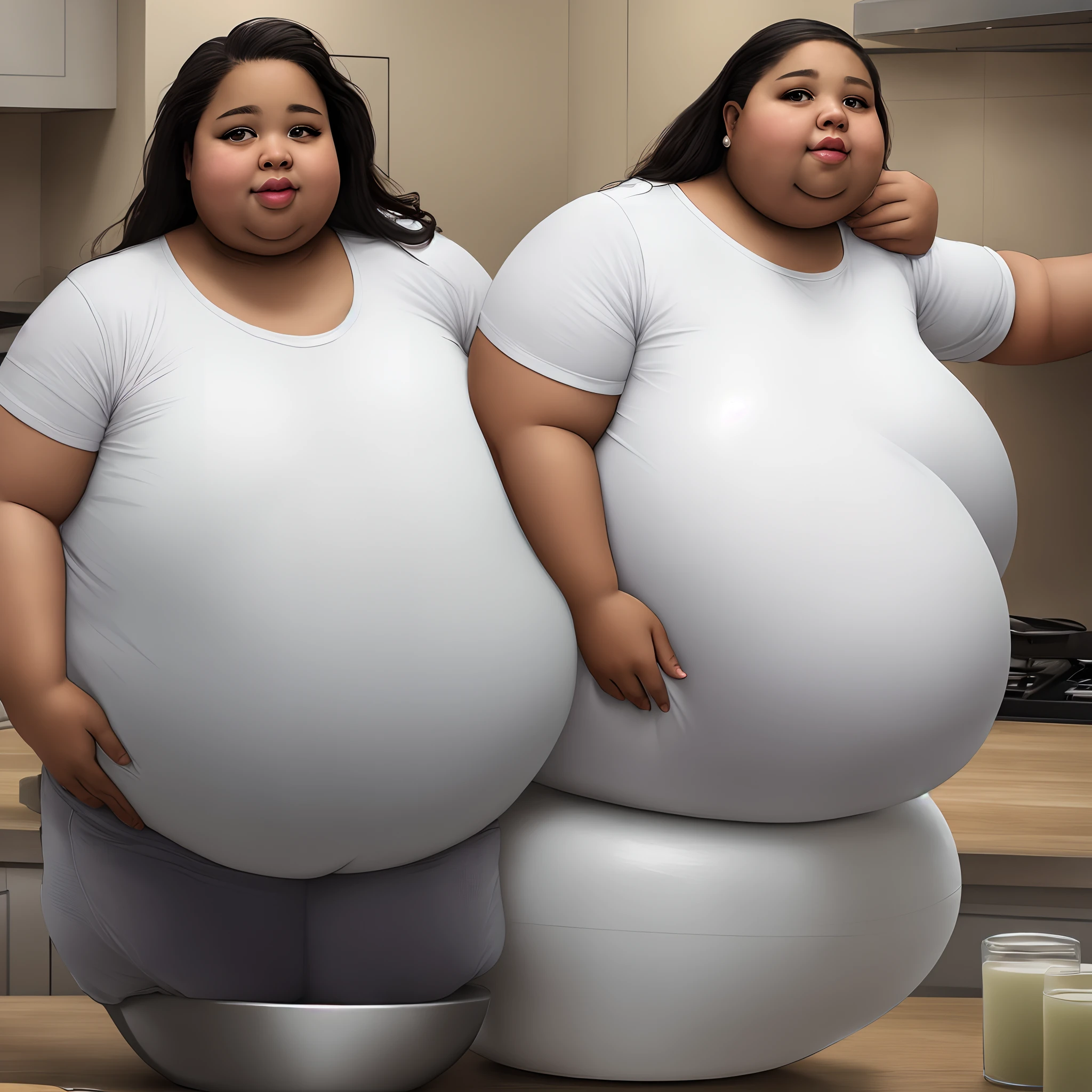there is a woman sitting on a large white object in the middle of a kitchen , tumblr, conceptual art, she has a jiggly fat round belly, obese ), thicc, obese, depicted as a realistic character, insanely inflated body, an obese, huge tits