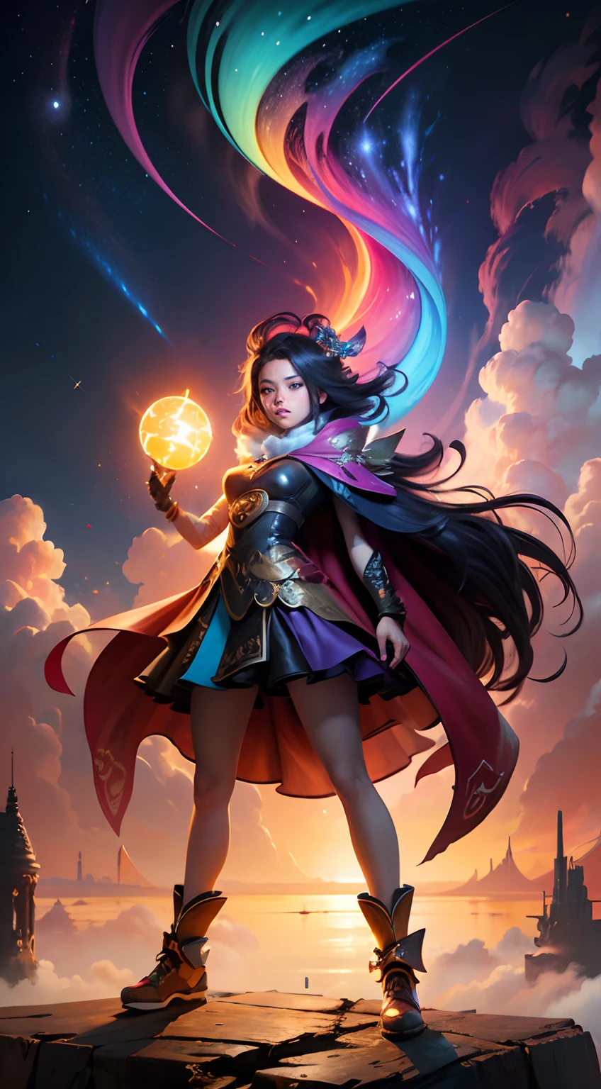 Girl standing in the clouds staring up as the stars, stars floating around her, brilliant colors, amazing swirls of cosmic dust, colorful vibrant, light particles, Create digital artwork in the Pop Art style, Featuring a vibrant and confident young Asian girl, powerful sorceress, tribal tattoo, messy hair, Full body, Beautiful anime waifu style girl, hyper detailed painting, luminism, street fashion, Movie color scheme, Surrounded by vintage flower motifs, Vibrant brushstrokes,Emotions should be dynamic, Upper body, Drawing, illustration, golden ratio, 8k cinematic