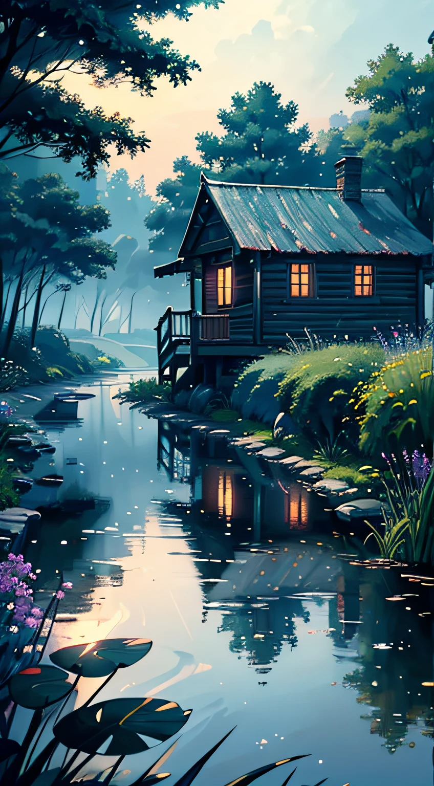 Best quality,16K Ultra Clear,the night,glowworm,yard,Rainy sky,water well,bucket,Pond in the yard,Many trees,Many small grasses bloom with small flowers,water puddles,sludgy,green leaf,Bluestone bricks,Small grass grows between the seams,insects,Back shadow,wooden cabin,bit girl,ventania,water,thin fog,misterious,extremy detailed,ultra - detailed,painting of a,lightand shade contrast,Perfectcomposition,