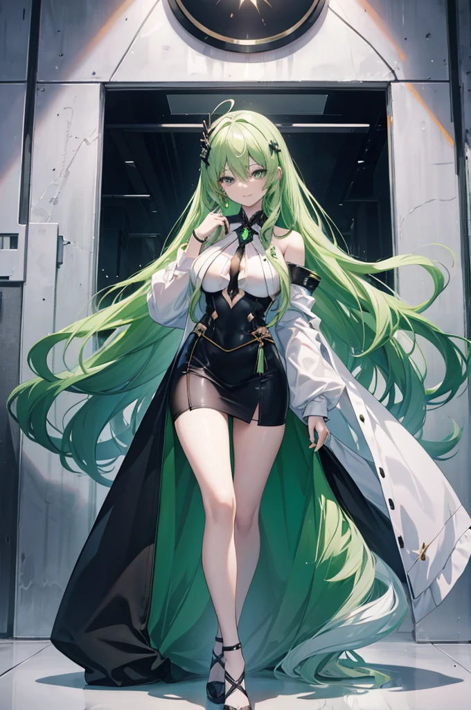 1girl, anime girl, green emerald hair, very long hair, green emerald eyes, perfect body, cold beauty, ice queen, mature woman, long legs, big breasts, high quality, black heel, black long stockings, black skirt, white coat, masterpiece, slender body, evil smile, dangerous woman, cruel woman, dominant woman, intelligent woman, goddess, 4k wallpaper, scientist girl, doctor girl, mature appearance