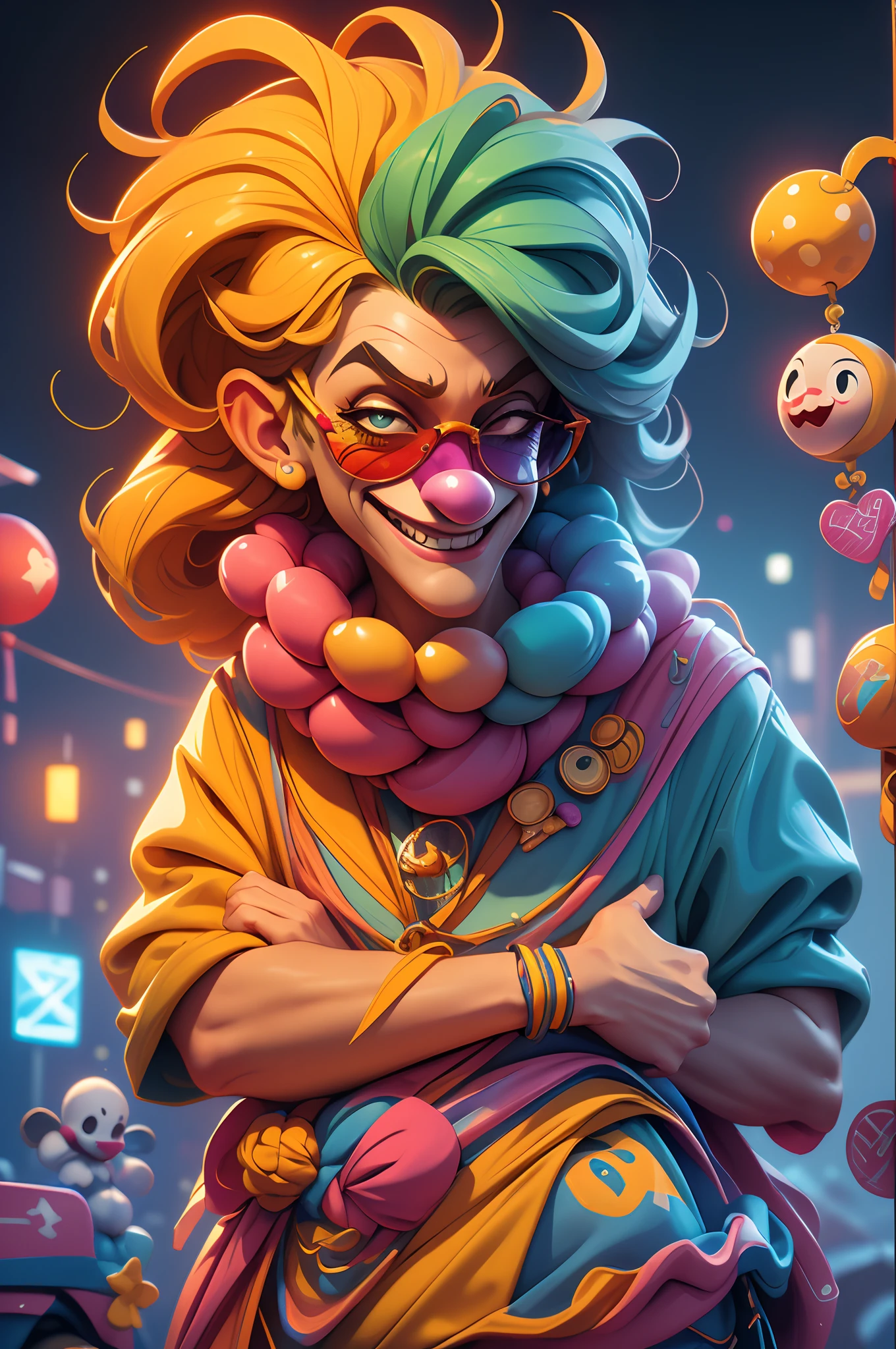 /Omib style clown, Illustrator, Masterpiece, High quality, 8K, A high resolution, High detail, smiley, Transparent sunglasses, Movie overlay, Vivid colors, Cool soft lighting, Chicago by night, wind blown, Greg Lutkoki style