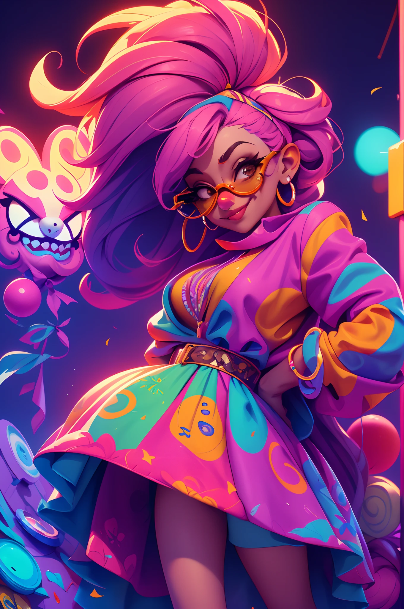 /Omib style clown, Illustrator, Masterpiece, High quality, 8K, A high resolution, High detail, smiley, Transparent sunglasses, Movie overlay, Vivid colors, Cool soft lighting, Chicago by night, wind blown, Greg Lutkoki style