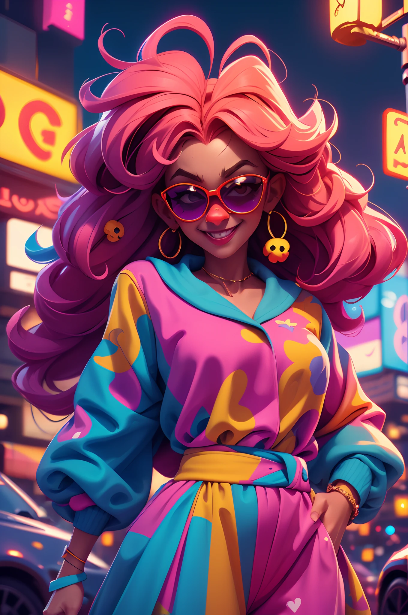/Omib style clown, Illustrator, Masterpiece, High quality, 8K, A high resolution, High detail, smiley, Transparent sunglasses, Movie overlay, Vivid colors, Cool soft lighting, Chicago by night, wind blown, Greg Lutkoki style
