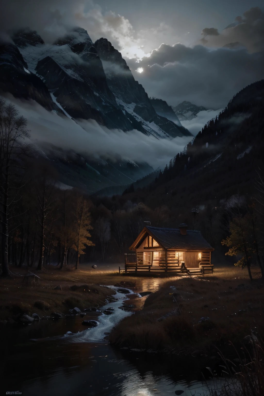 Best quality,16K Ultra Clear,the night,scenecy,Between mountains and rivers,surrounded by cloud、There is a small cabin in the distance,(Very detailed CG unity 8K wallpaper),Professional majestic oil painting,iintricate,high detal,sharp fokus,dramatics,Realistic painting art,thin fog,misterious,extremy detailed,ultra - detailed,painting of a,lightand shade contrast,Perfectcomposition,